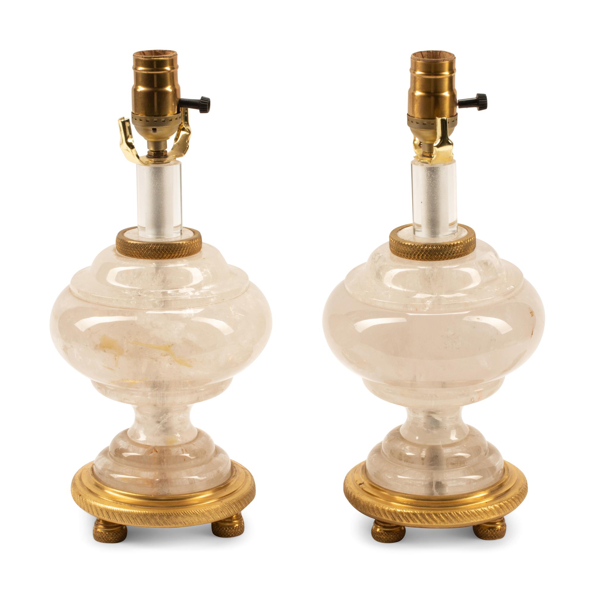 A Pair of Louis XVI Style Gilt Bronze and Rock Crystal Lamps