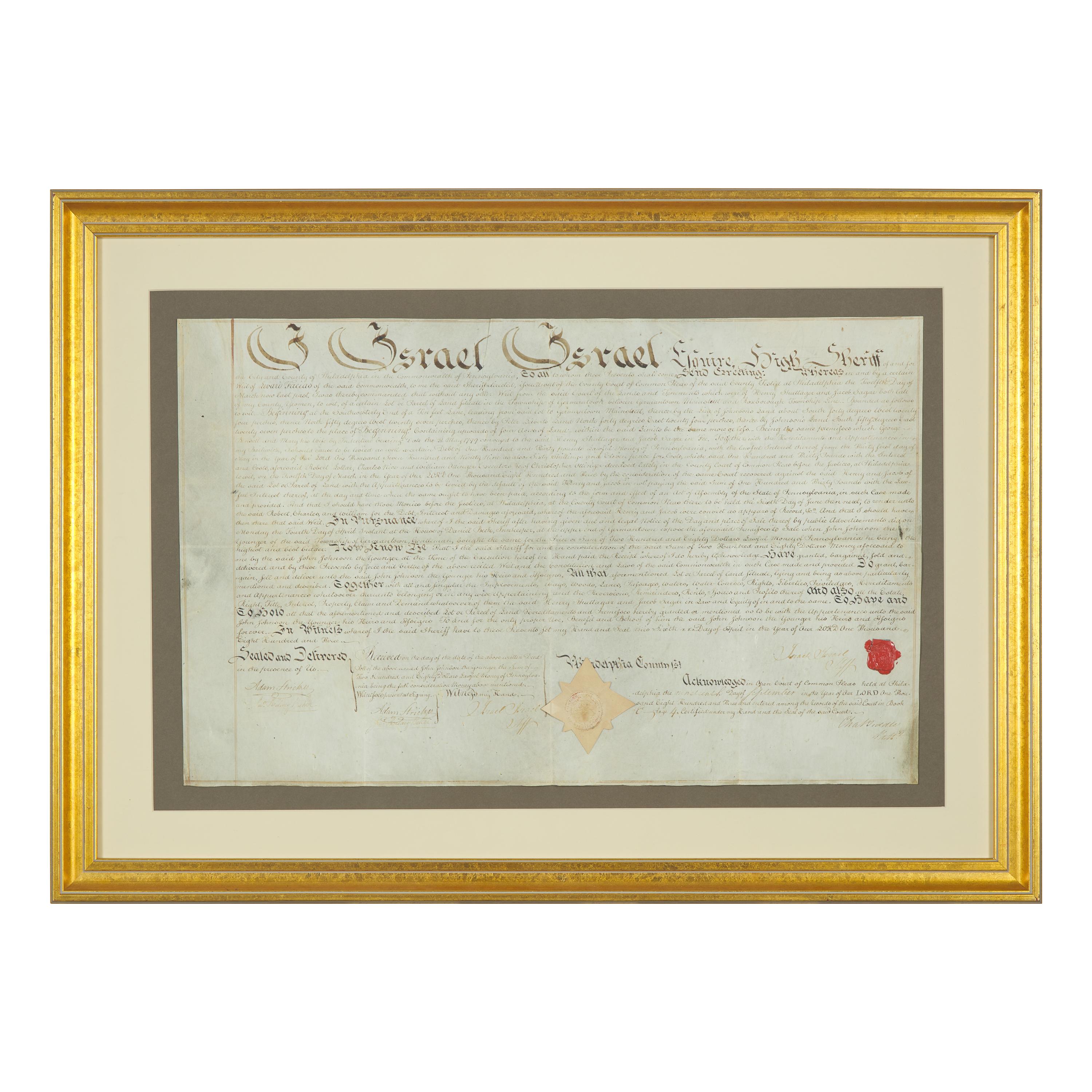 [Americana] Israel, Israel, and Charles Biddle. Signed manuscript writ of levari facias