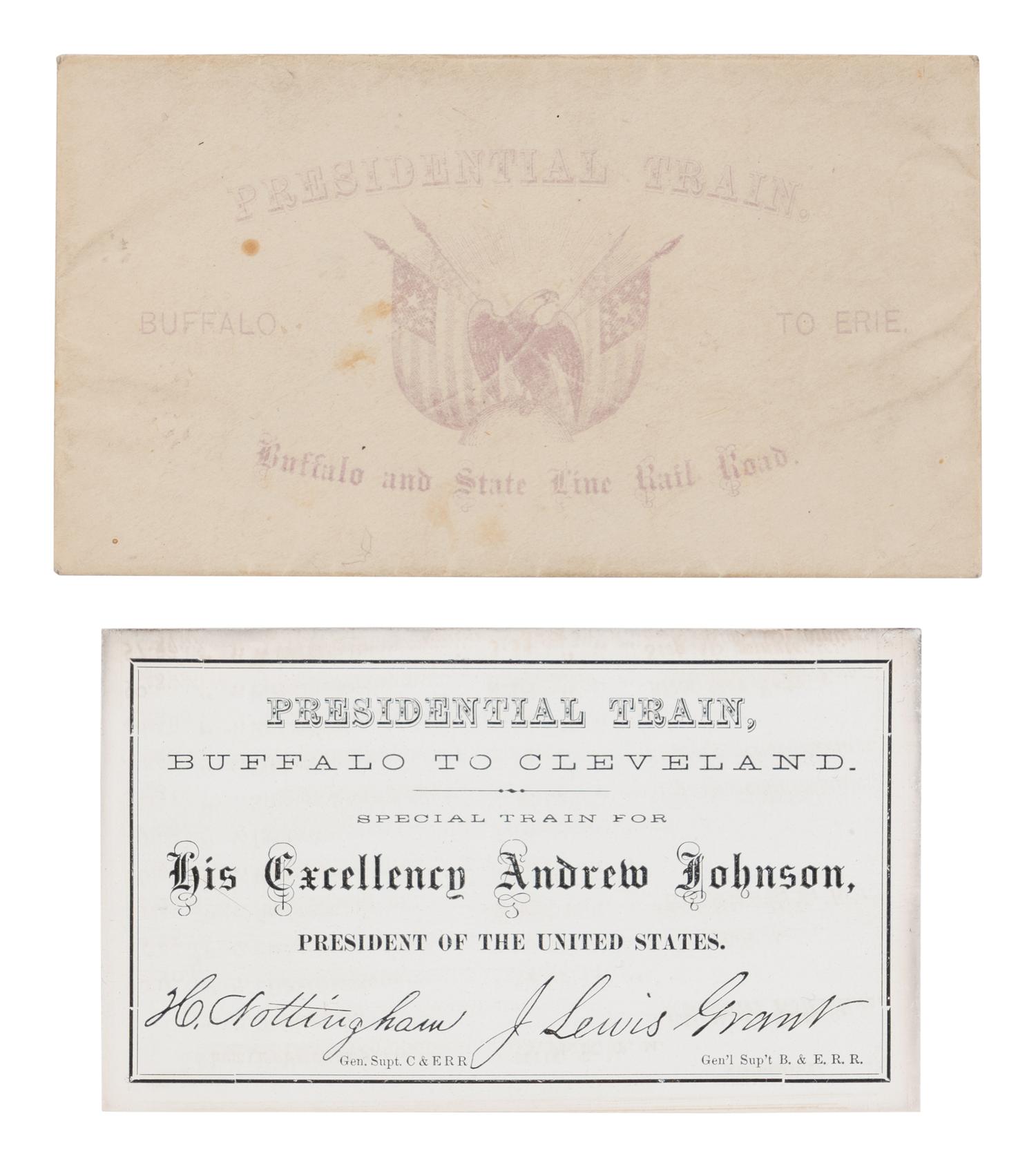 [JOHNSON, Andrew (1808-1875)]. Presidential Train schedule and pass, with the original envelope, for the "Swing Around the Circle" tour. N.p., n.p., 3 September 1866.