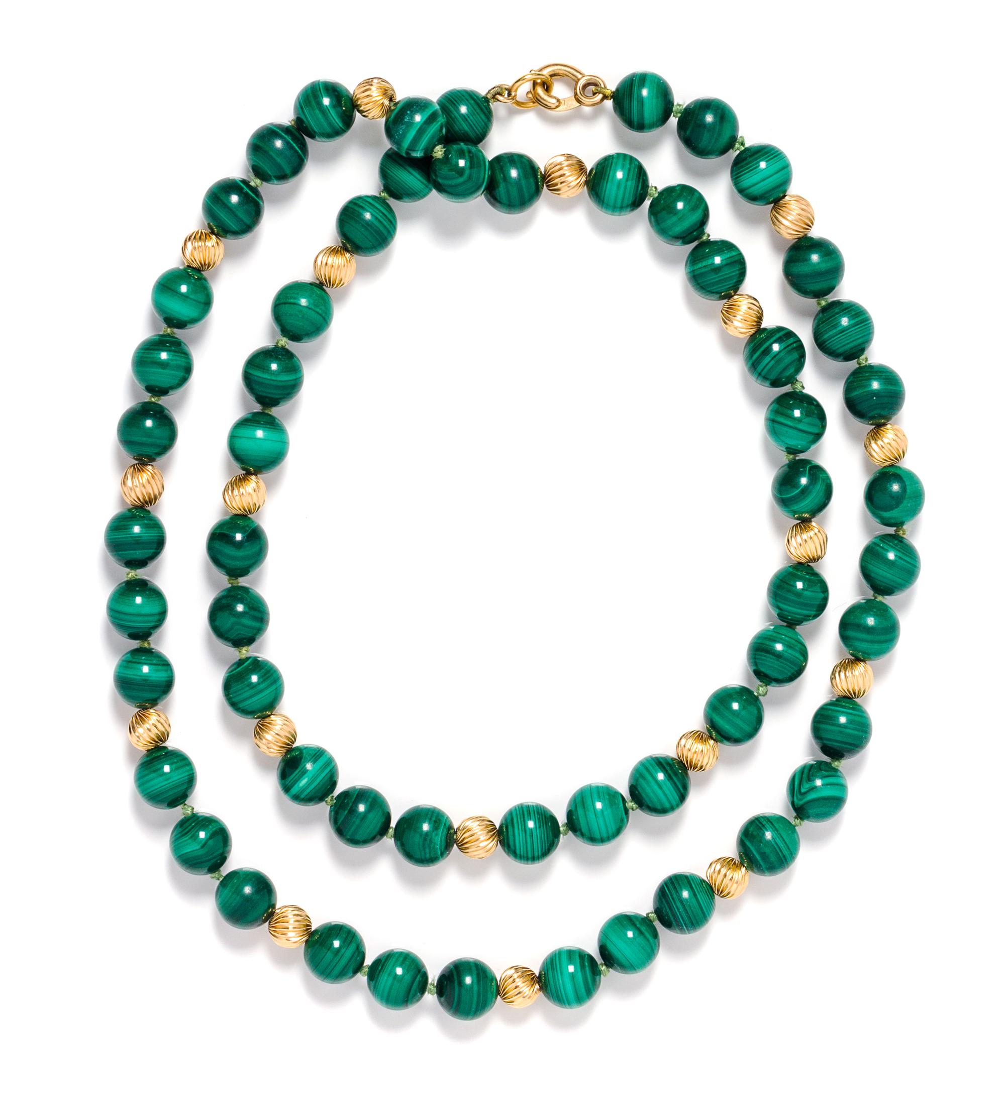 A Yellow Gold and Malachite Bead Necklace,