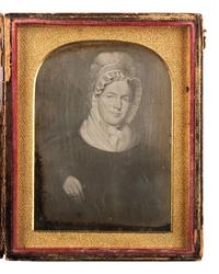 [EARLY PHOTOGRAPHY]. Two cased images of paintings, highlighted by a ninth plate ambrotype of a miniature portrait by Rufus Porter (1792-1884).