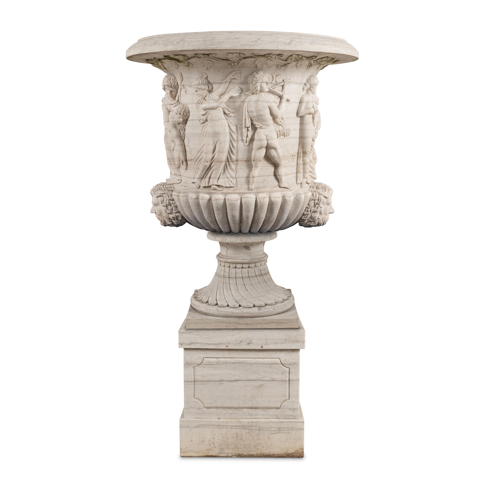 A Monumental Carved Marble Garden Urn and Plinth