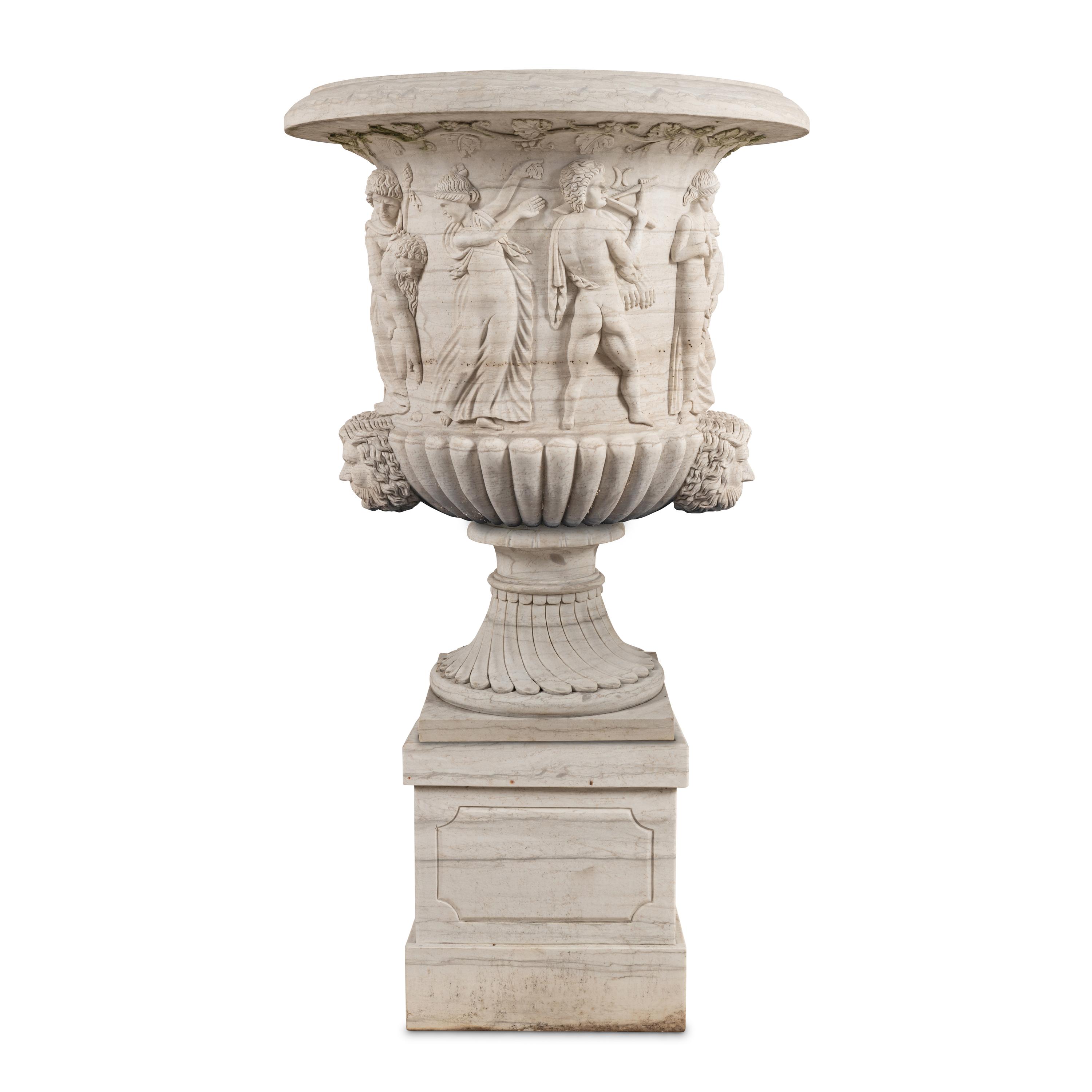 A Monumental Carved Marble Garden Urn and Plinth