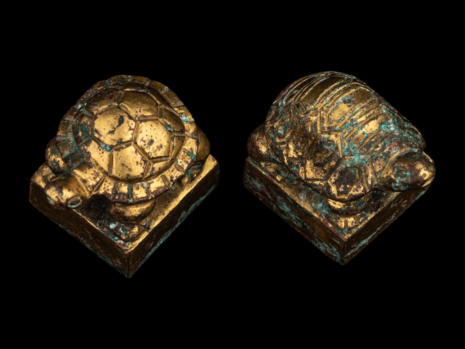 Two Gilt Bronze 'Tortoise' Square Seals