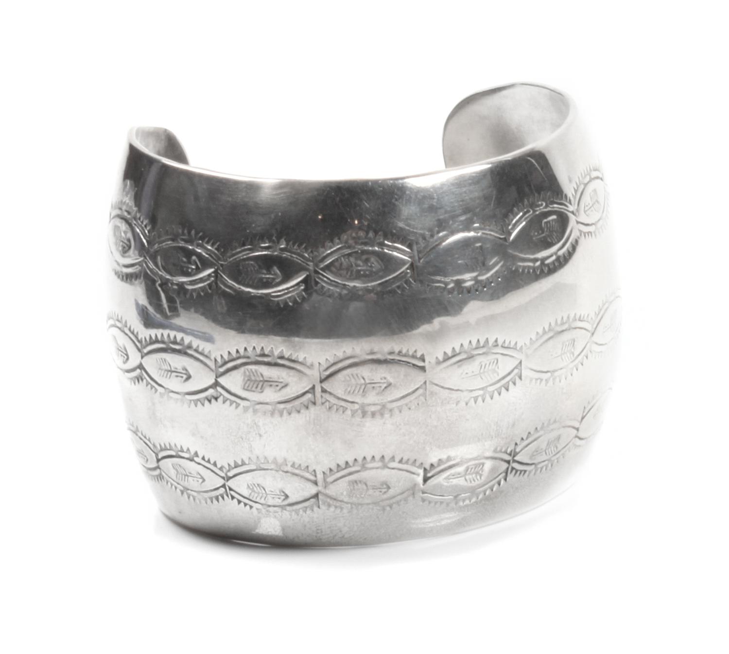 Southwestern Stamped Silver Bracelet Length 6 1/8 x opening 1 1/2 x width 2 inches