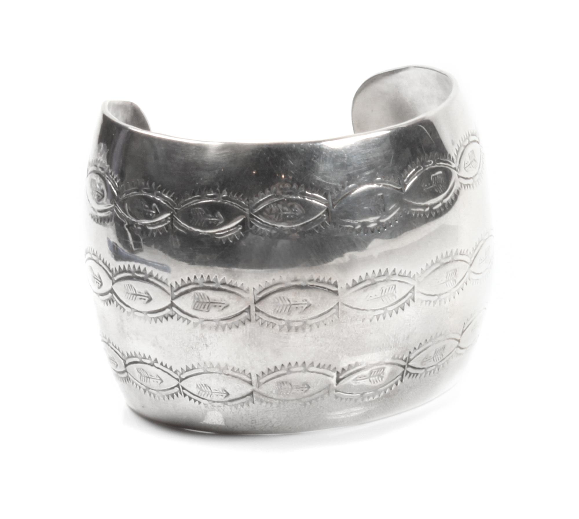 Southwestern Stamped Silver Bracelet Length 6 1/8 x opening 1 1/2 x width 2 inches