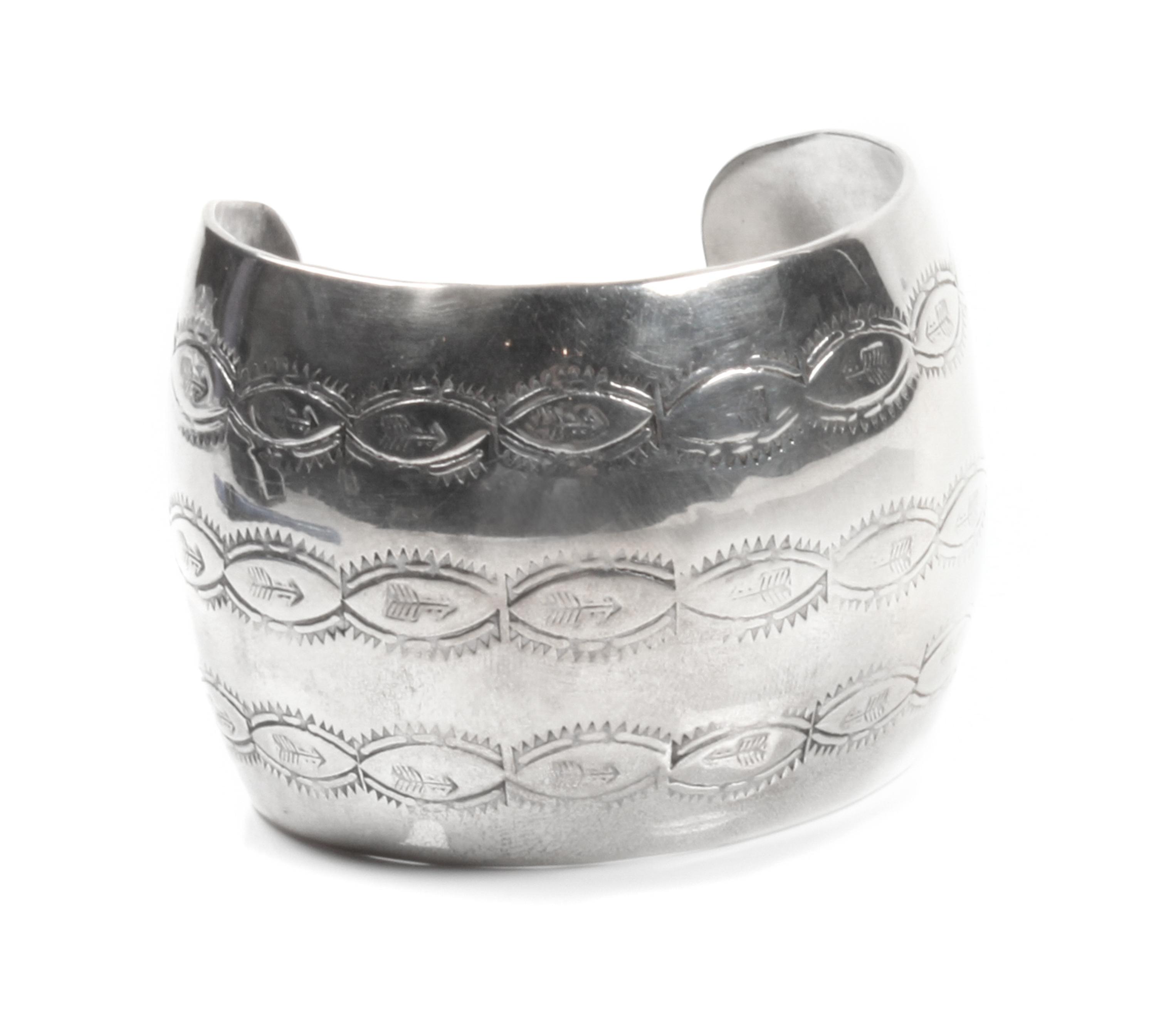 Southwestern Stamped Silver Bracelet Length 6 1/8 x opening 1 1/2 x width 2 inches