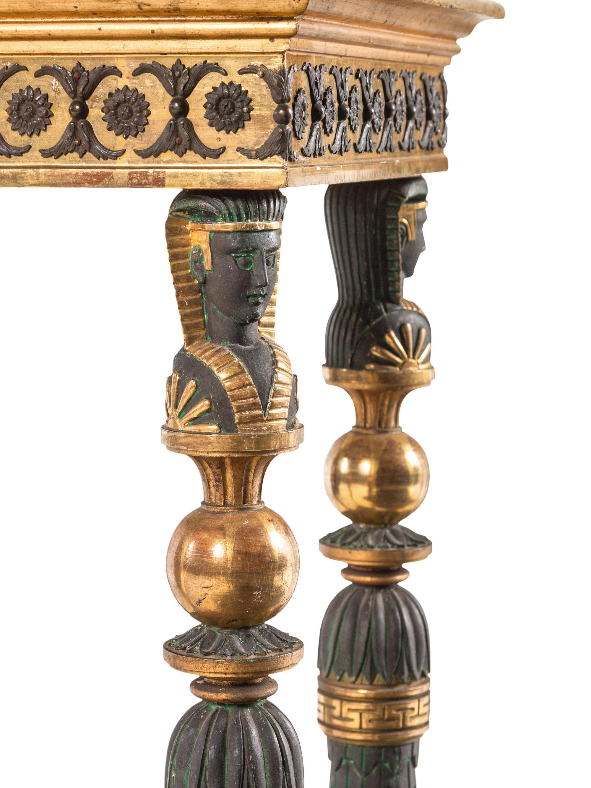 A Pair of Baltic Patinated Metal Mounted Painted and Parcel-Gilt Marble-Top Pedestals