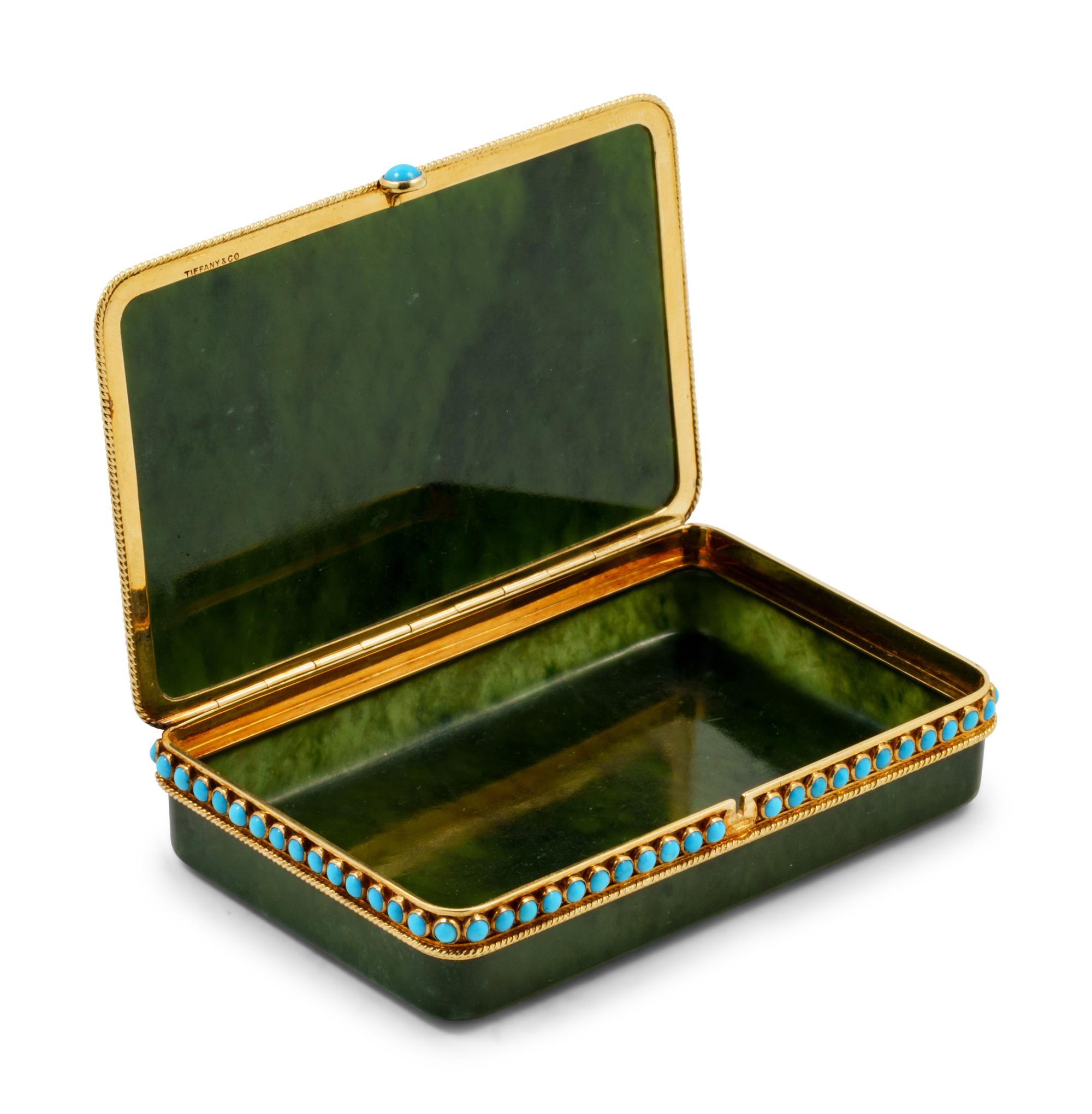 A Tiffany & Co. Carved Nephrite, Yellow-Gold and Turquoise Mounted Snuff Box