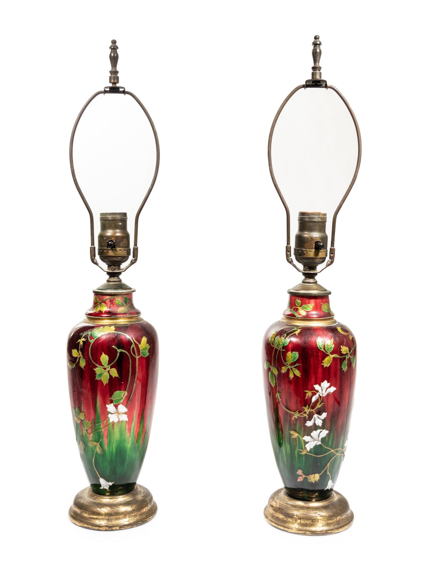 A Pair of French Enameled Metal Vases Mounted as Lamps