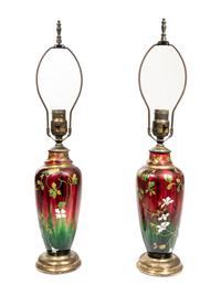 A Pair of French Enameled Metal Vases Mounted as Lamps