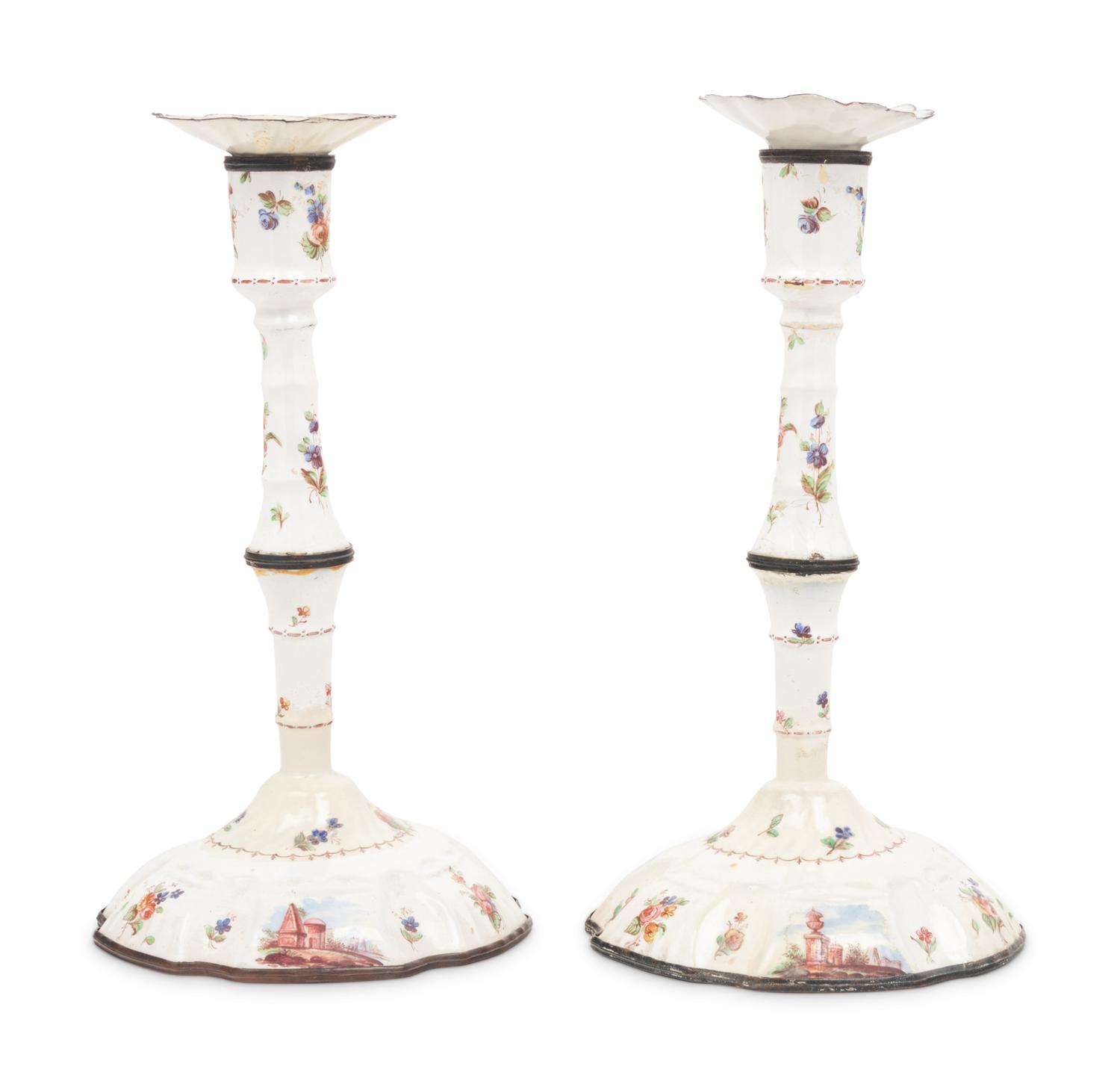 A Pair of English Enameled Candlesticks