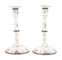 A Pair of English Enameled Candlesticks