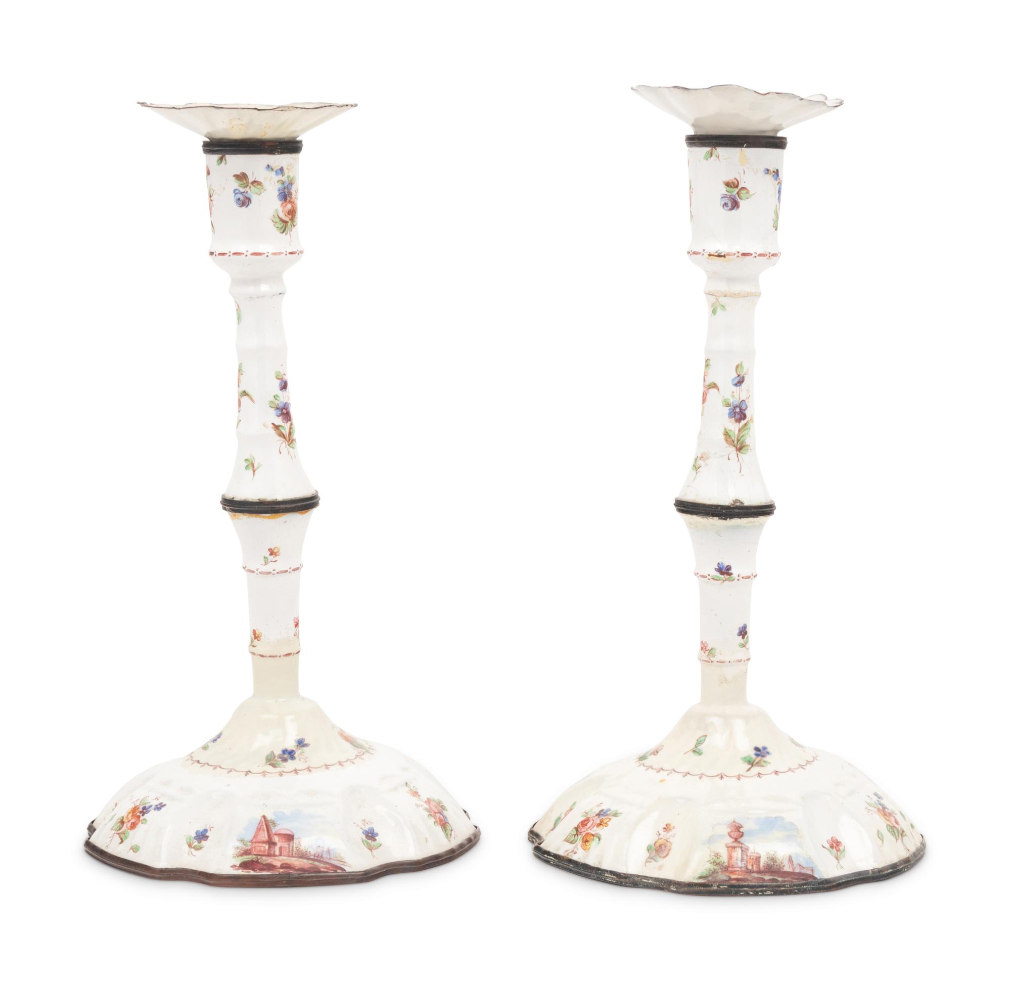 A Pair of English Enameled Candlesticks