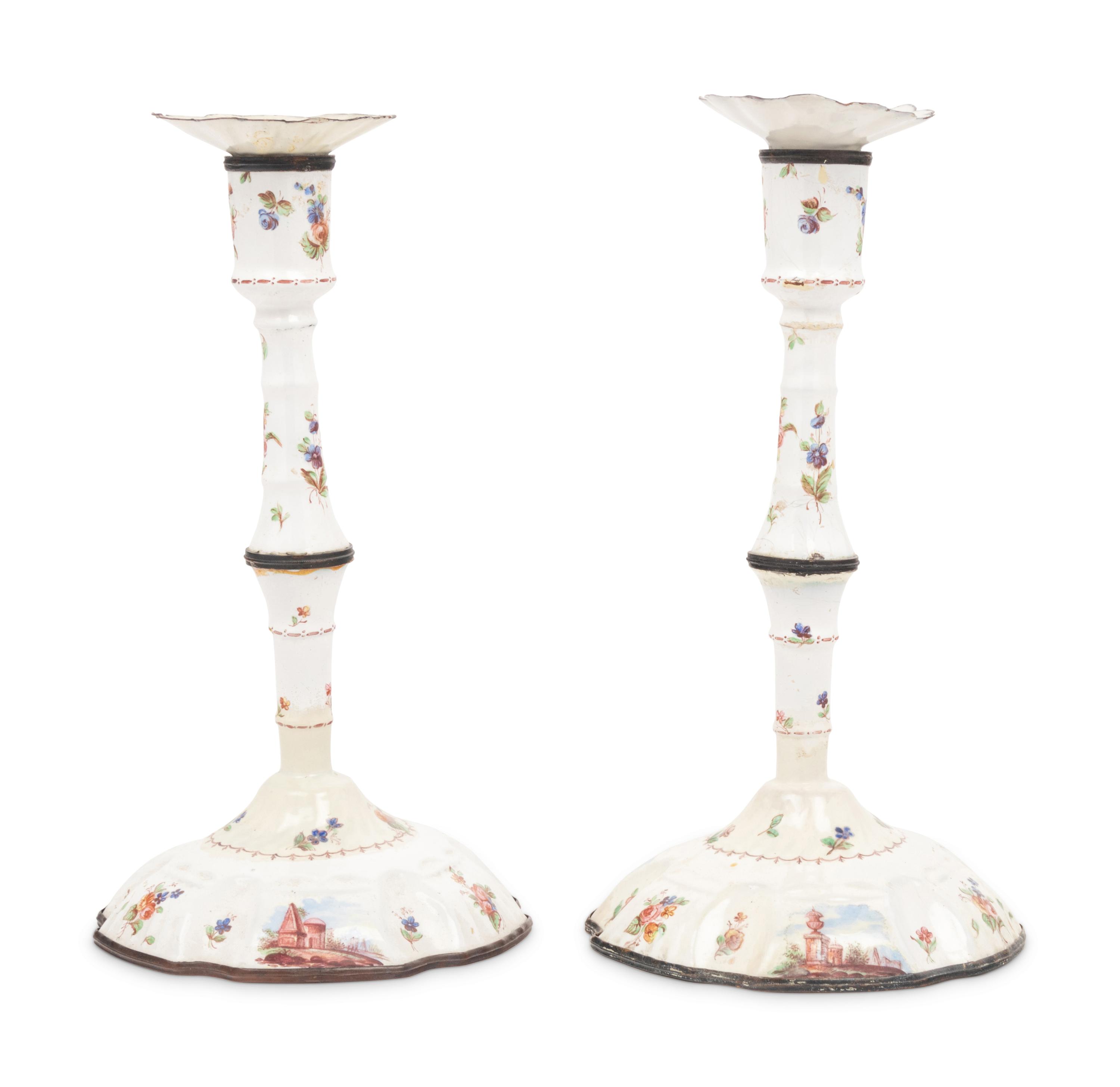 A Pair of English Enameled Candlesticks