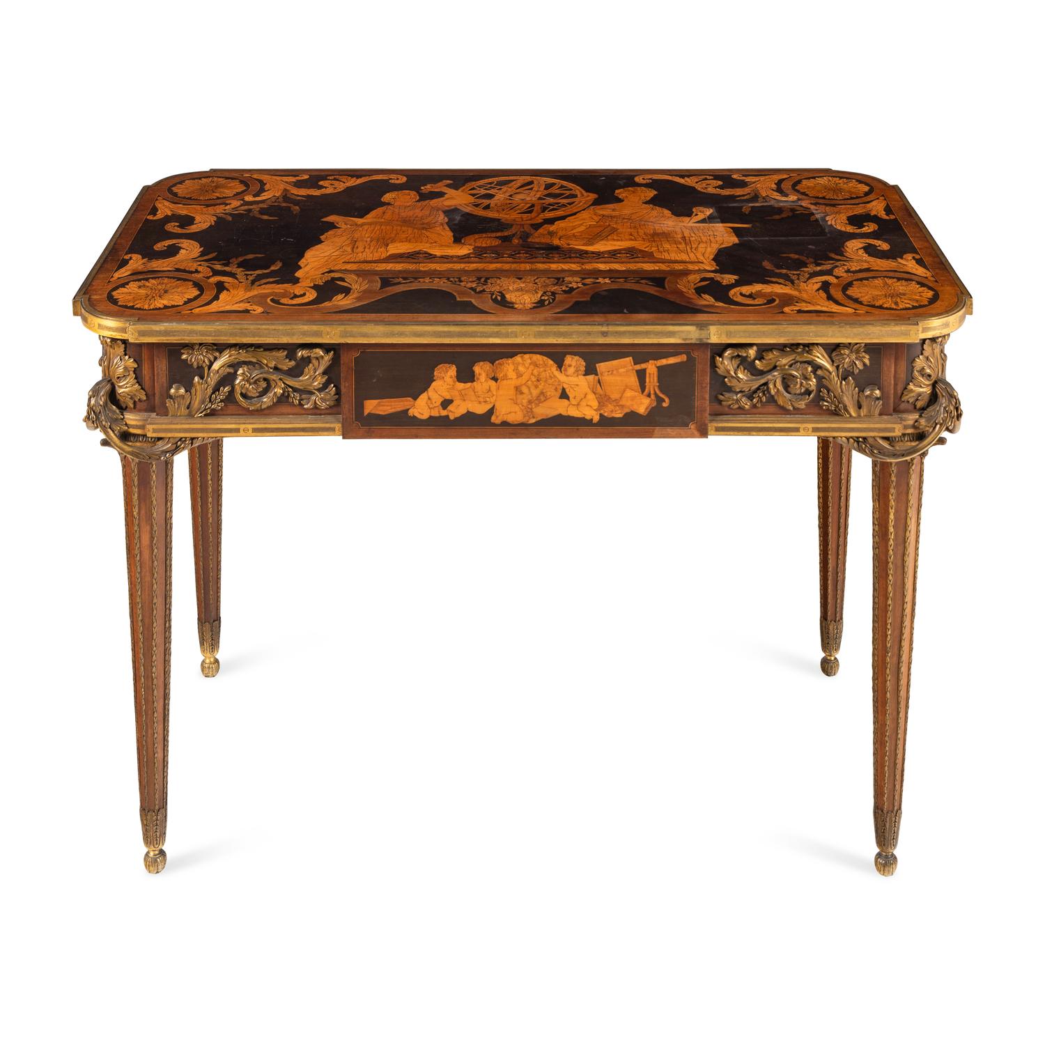 A Louis XVI Style Marquetry and Gilt Bronze Mounted Occasional Table