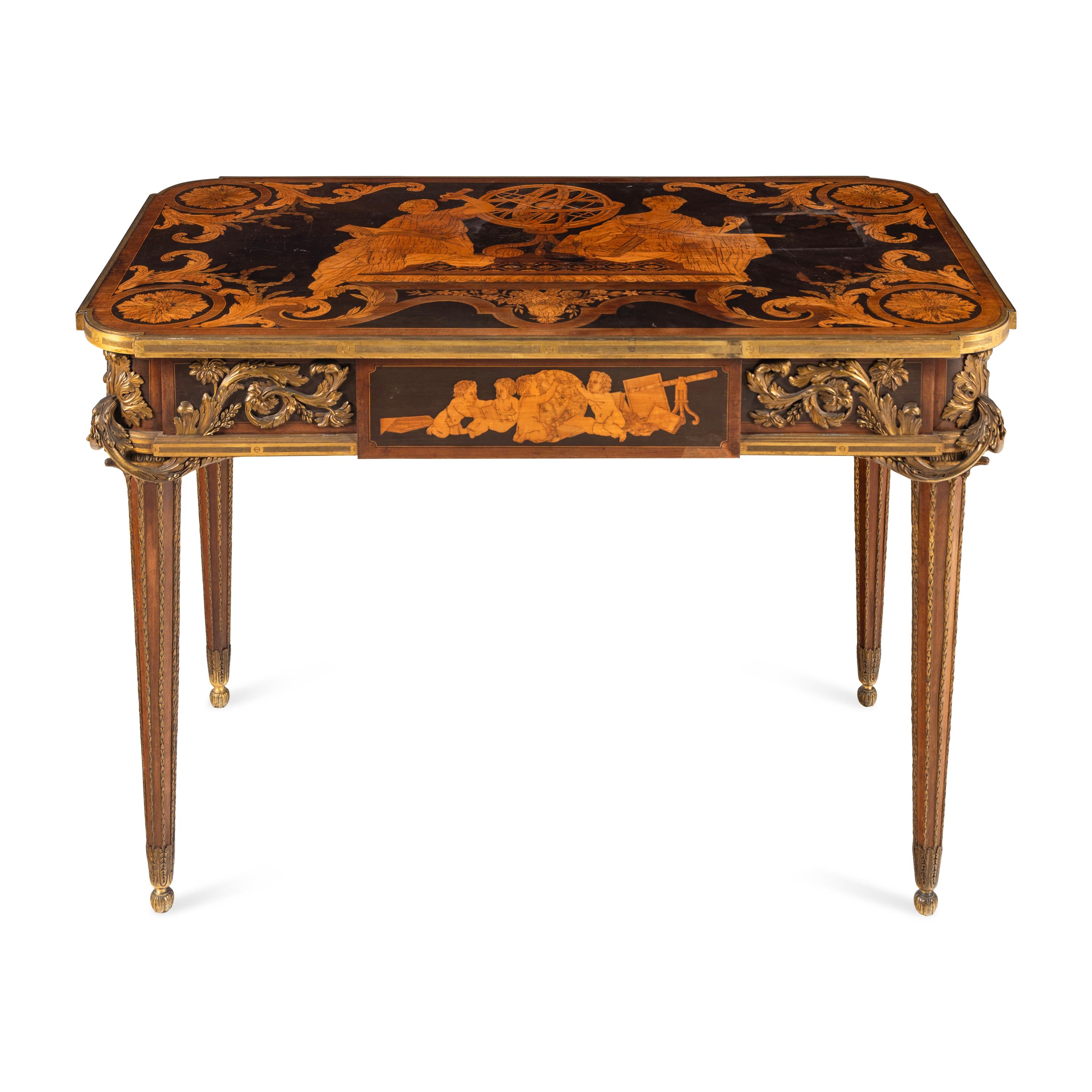 A Louis XVI Style Marquetry and Gilt Bronze Mounted Occasional Table