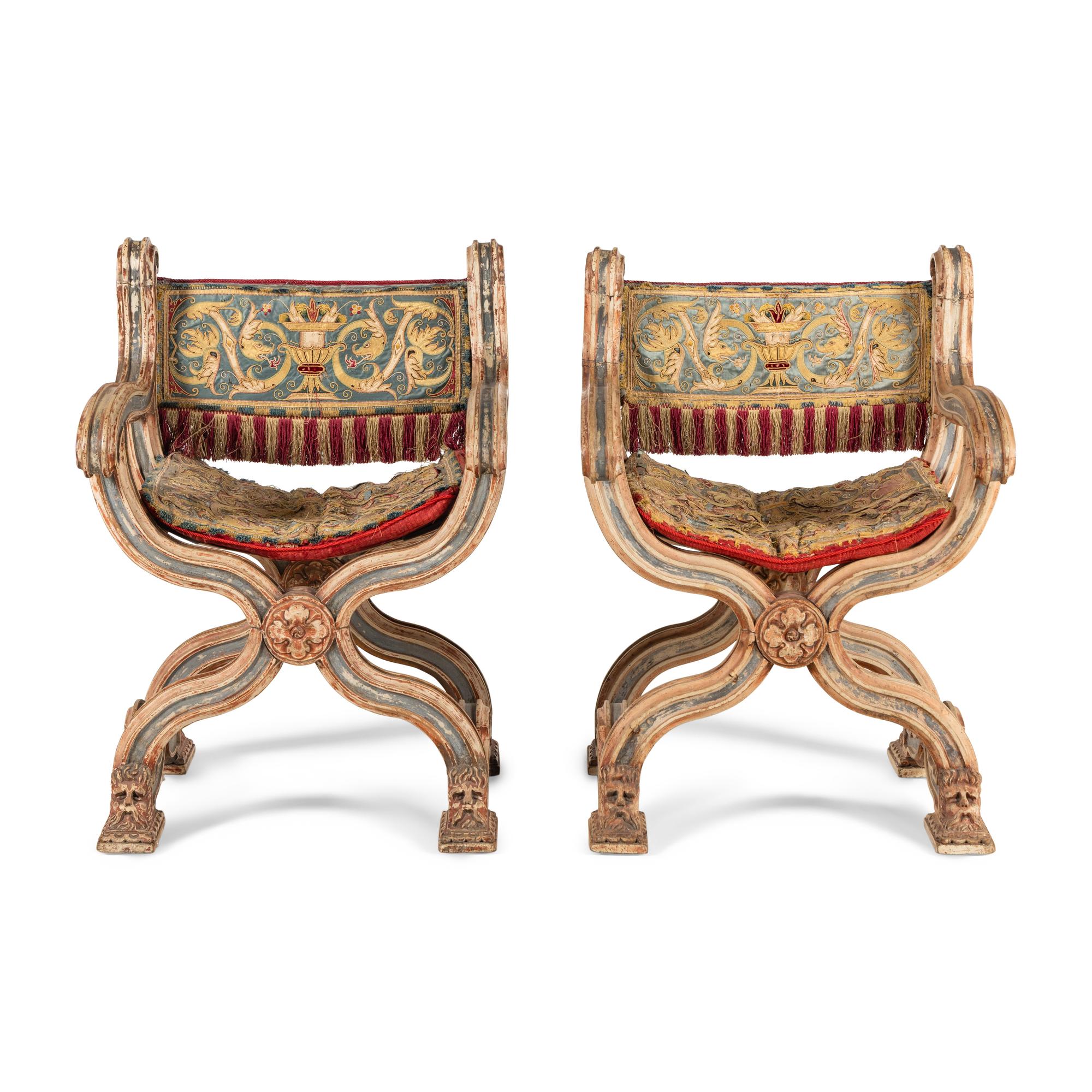 A Pair of Venetian Painted Savonarola Armchairs