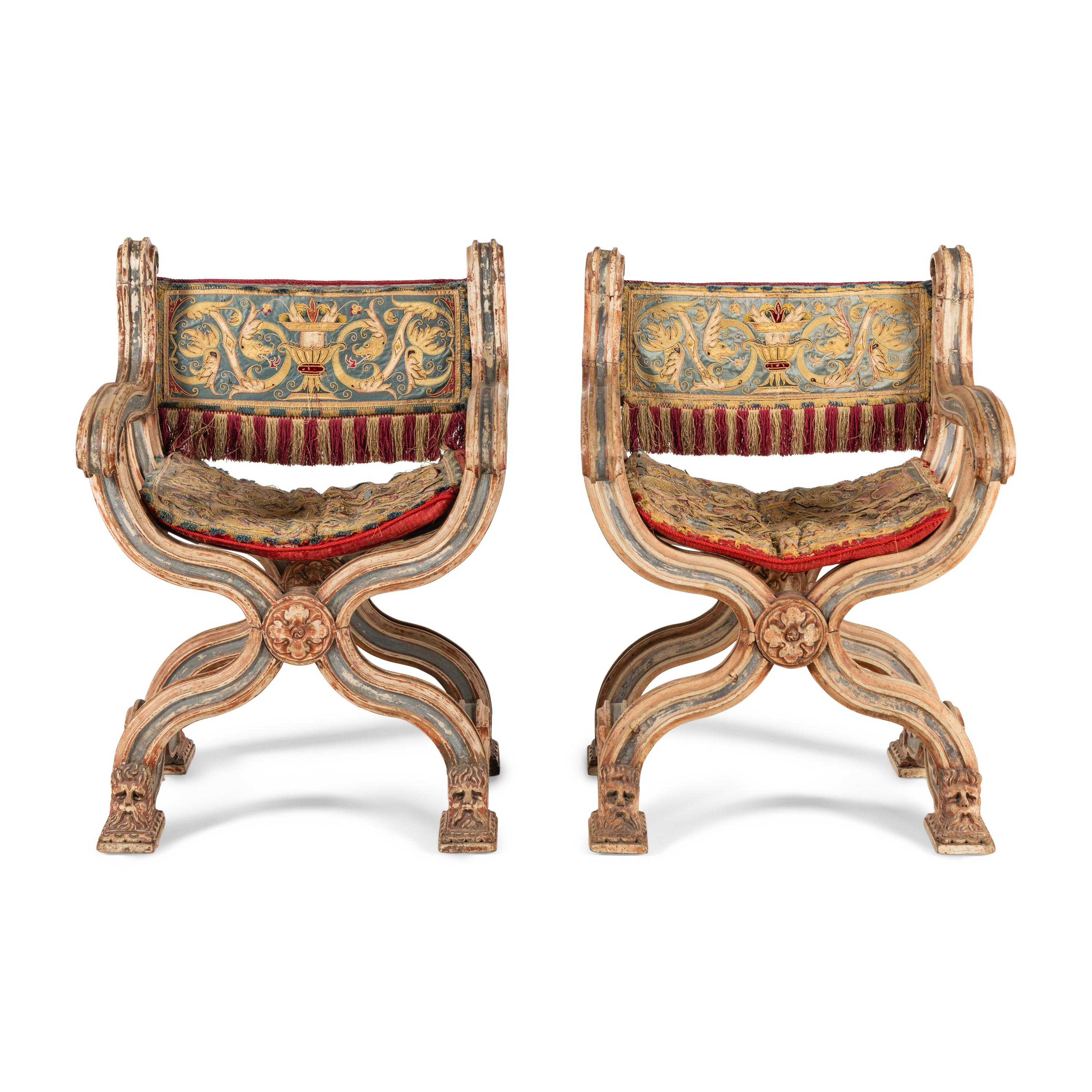 A Pair of Venetian Painted Savonarola Armchairs