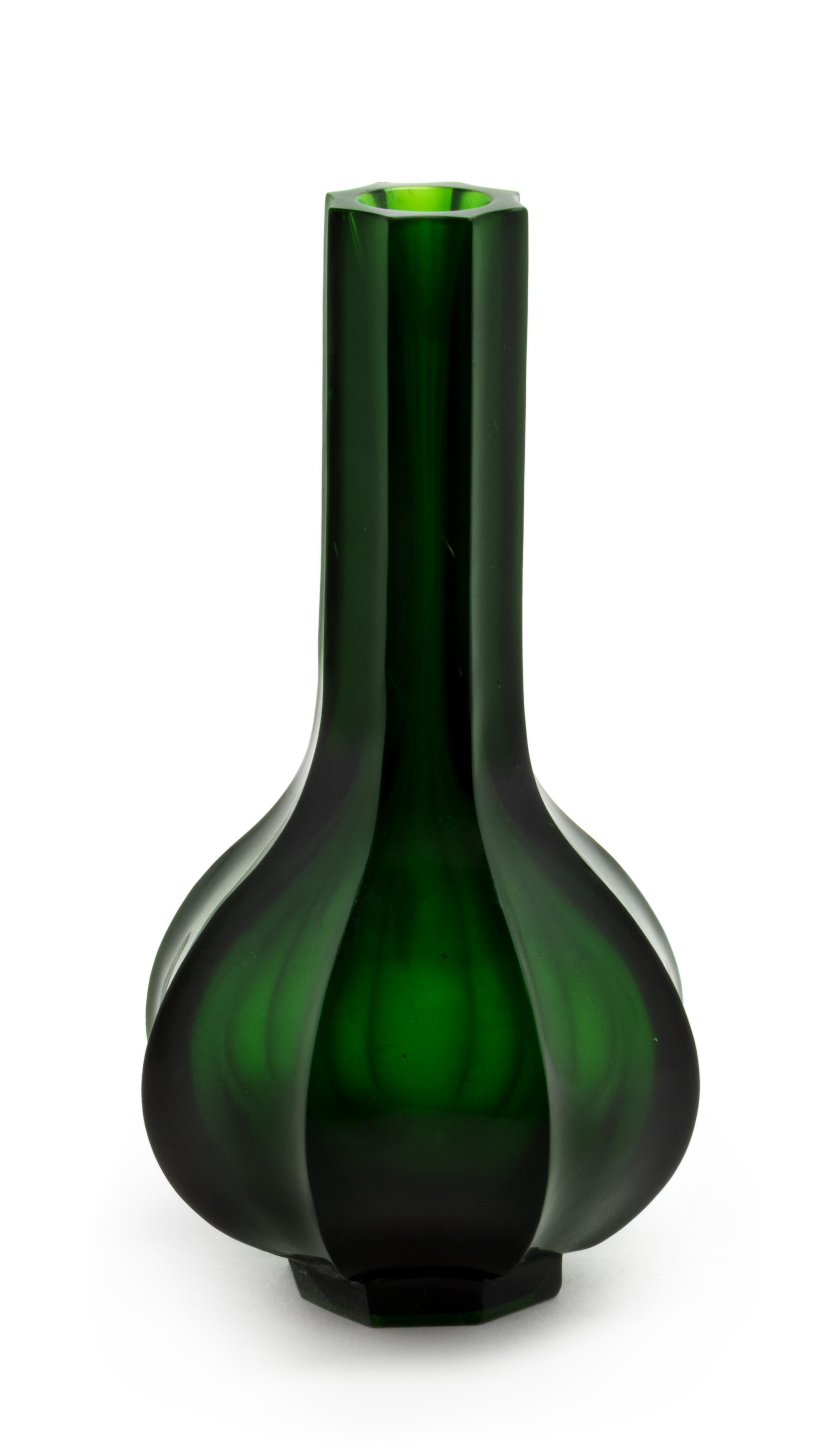 An Emerald-Green Glass Octagonal Bottle Vase Height 8 inches. — 19TH CENTURY