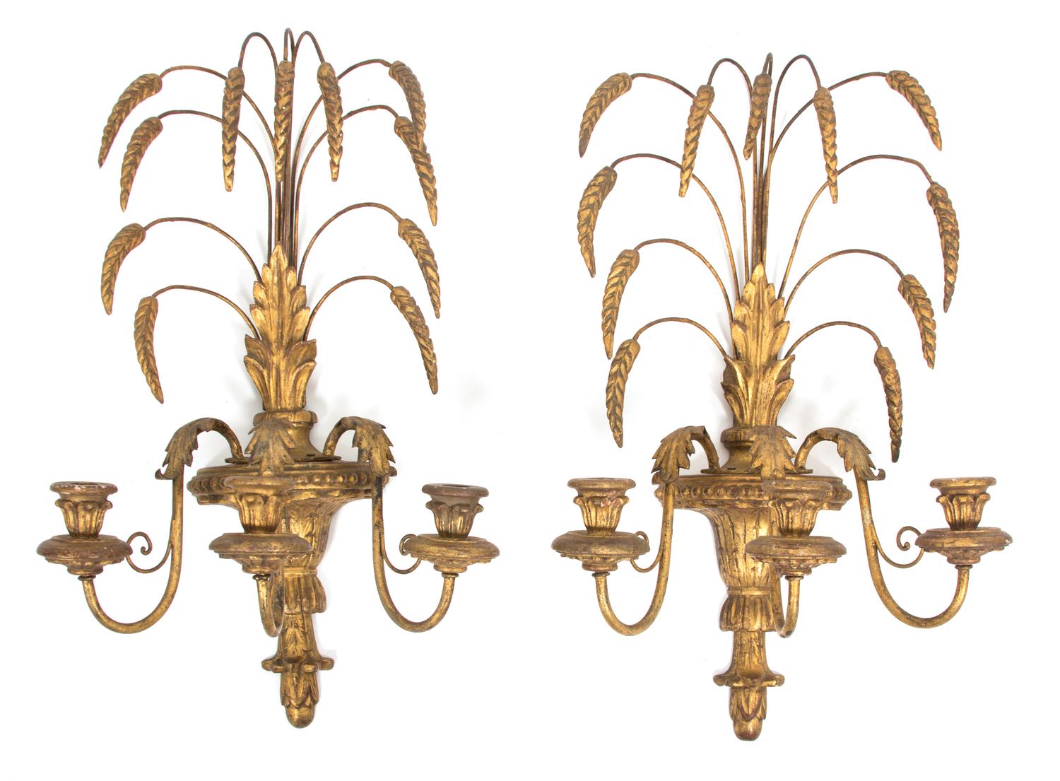 A Pair of Louis XV Style Carved Giltwood and Gilt Metal Three-Light Wall Sconces Height 21 x width 13 inches. — 20TH CENTURY