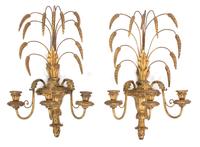 A Pair of Louis XV Style Carved Giltwood and Gilt Metal Three-Light Wall Sconces Height 21 x width 13 inches. — 20TH CENTURY