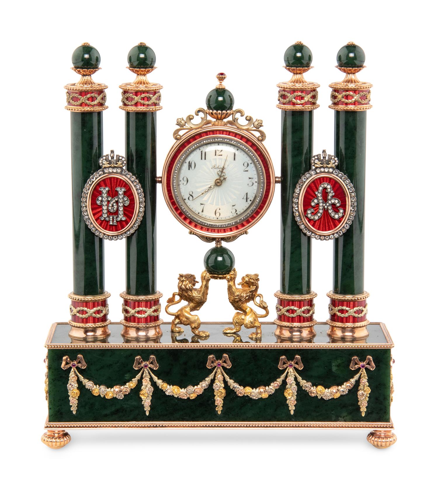A Gold, Guilloché Enamel, Silver-Gilt and Gemstone-Mounted Nephrite Clock