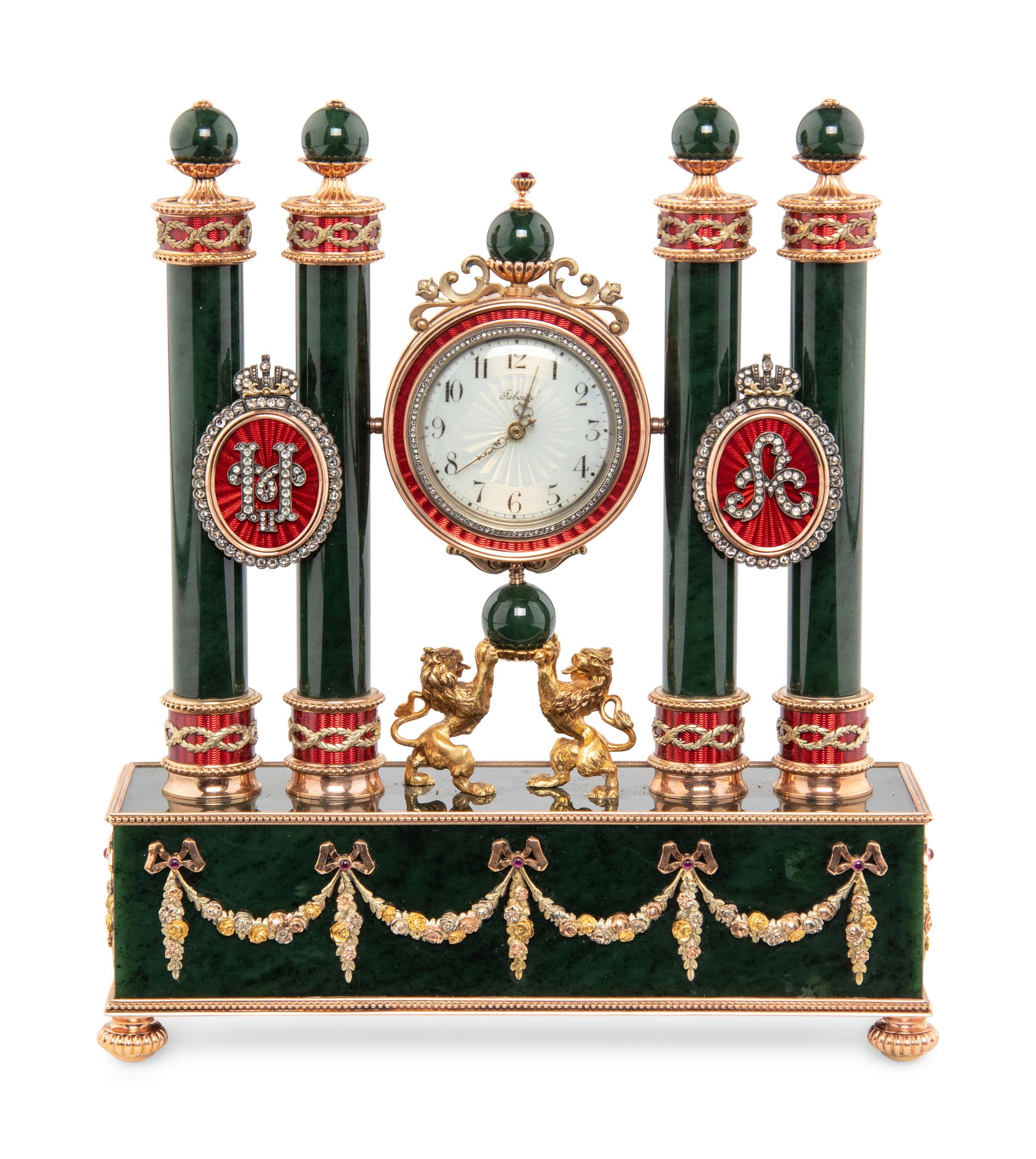 A Gold, Guilloché Enamel, Silver-Gilt and Gemstone-Mounted Nephrite Clock