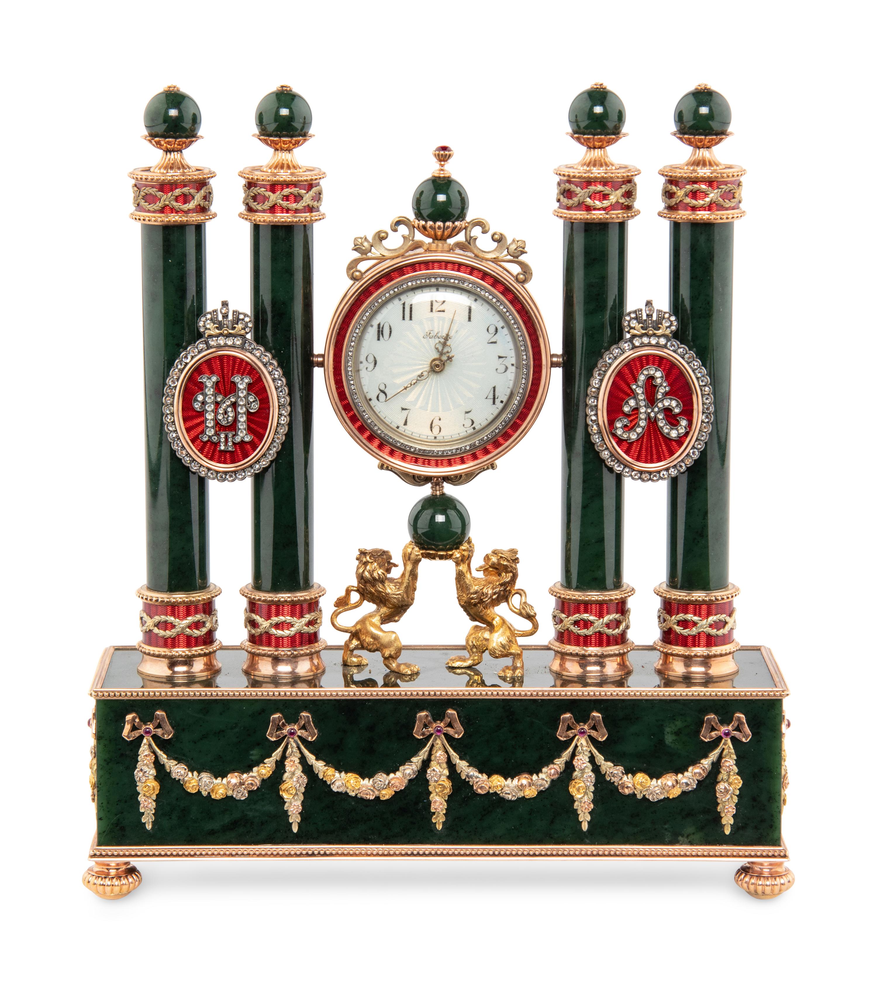 A Gold, Guilloché Enamel, Silver-Gilt and Gemstone-Mounted Nephrite Clock
