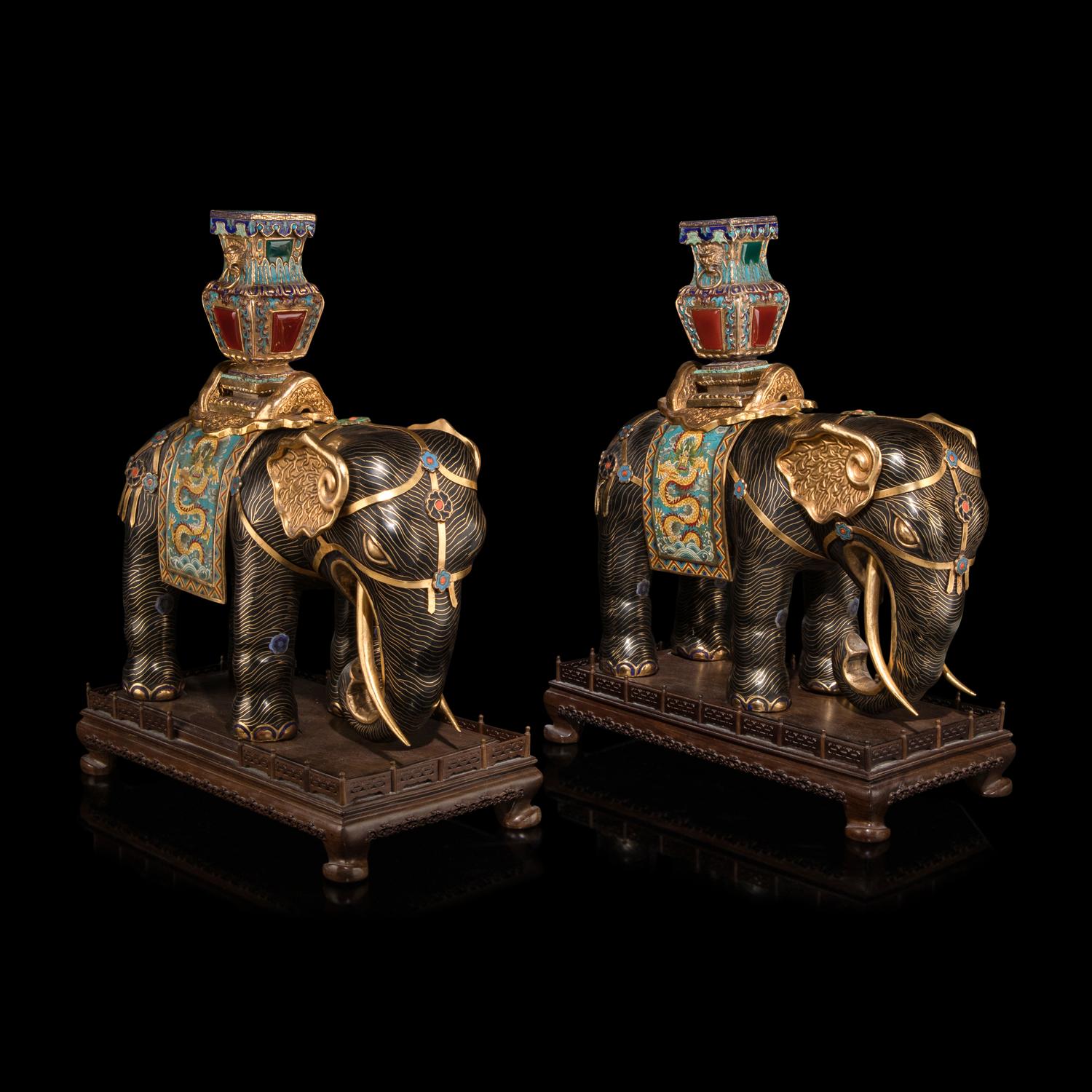 A Pair of Large Chinese Parcel Gilt Bronze and Cloisonné Elephants, 20th Century — 近代 掐絲琺琅太平有象一對