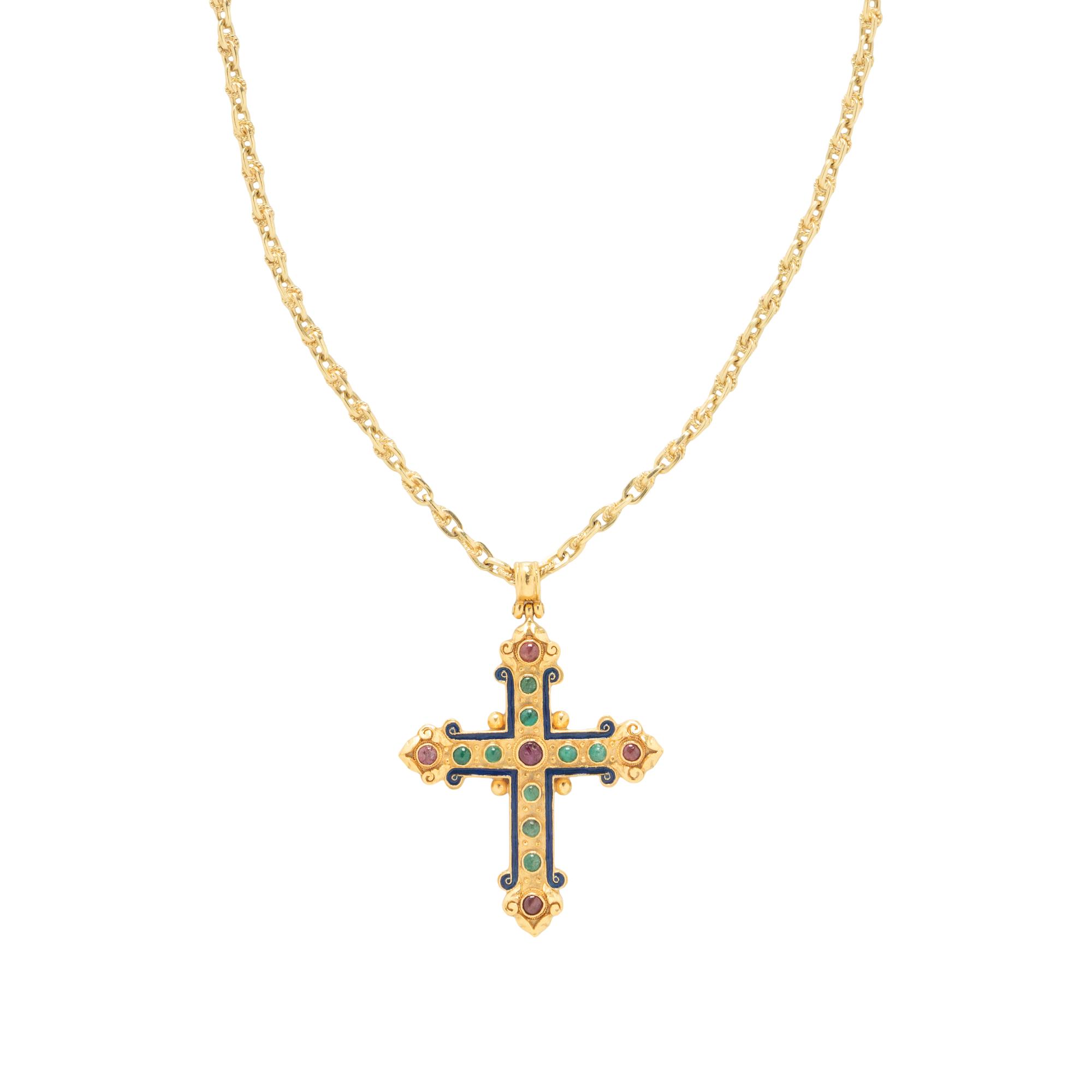 EMERALD, RUBY, AND ENAMEL CROSS PENDANT NECKLACE
