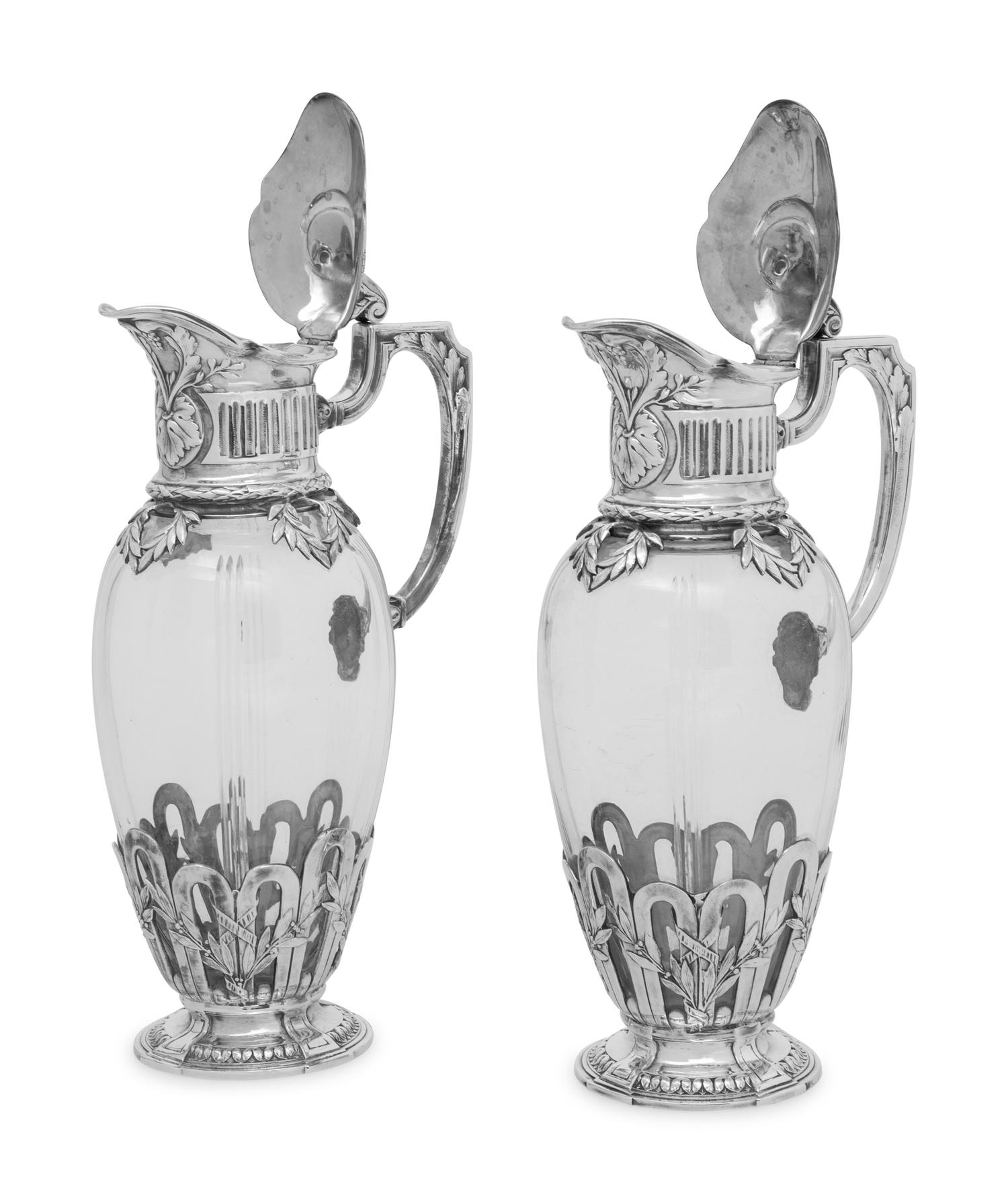 A Pair of Christofle Silver-Plate Mounted Cut Glass Claret Jugs