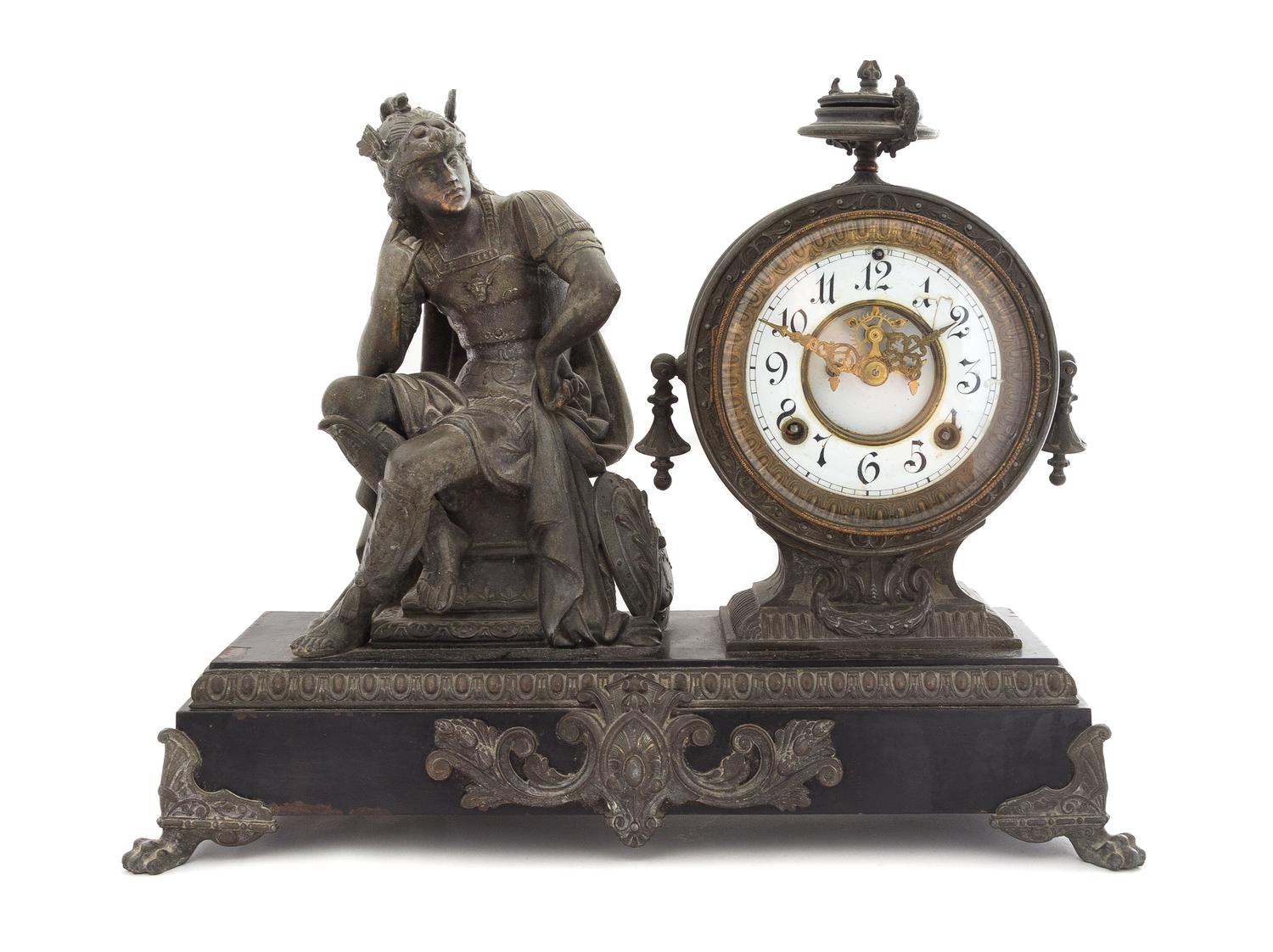 An American Cast Metal Figural Mantel Clock Height 13 3/4 inches. — ANSONIA CLOCK CO., LATE 19TH CENTURY