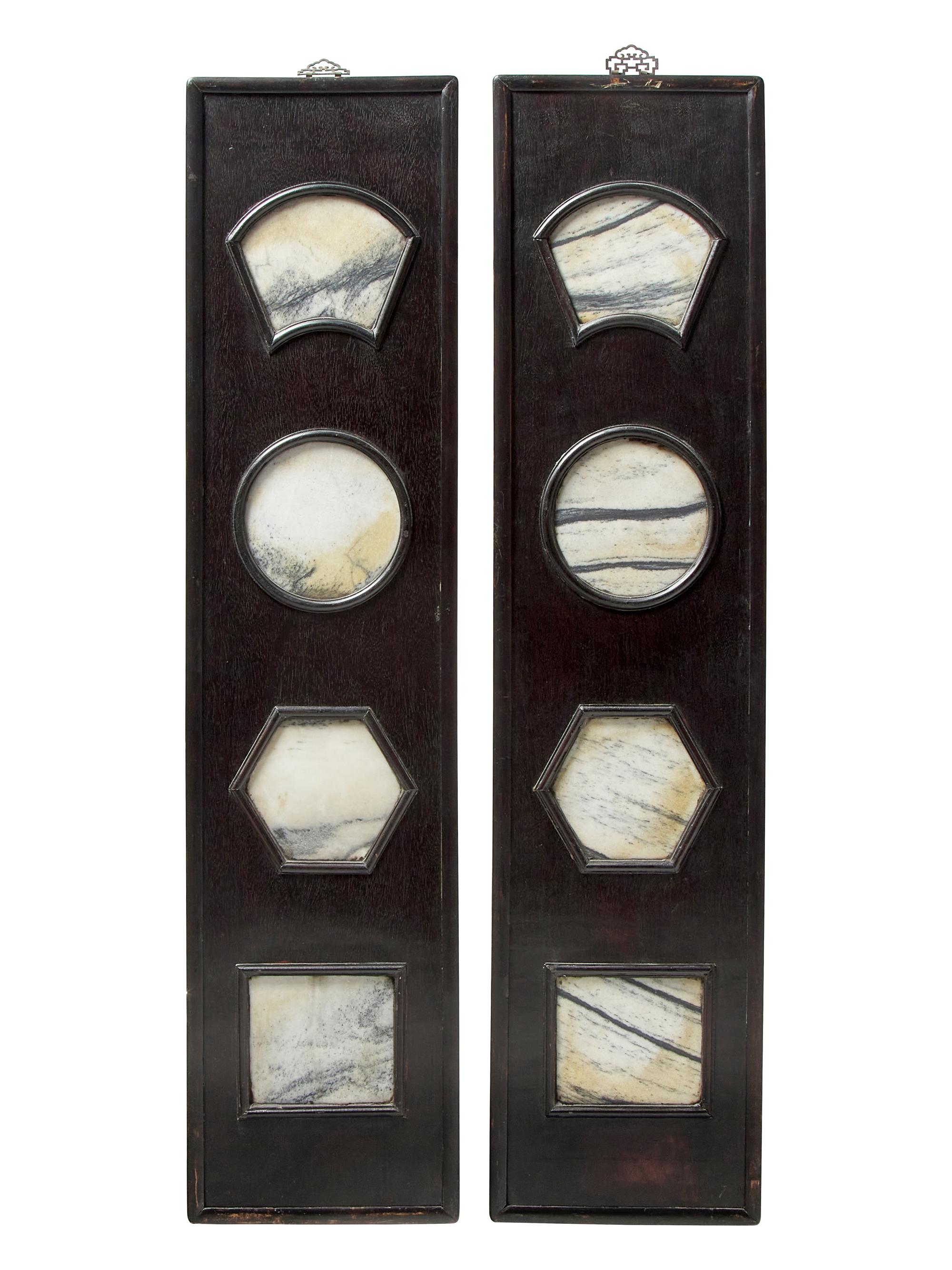 A Pair of Chinese Marble Inset Hardwood Wall Panels