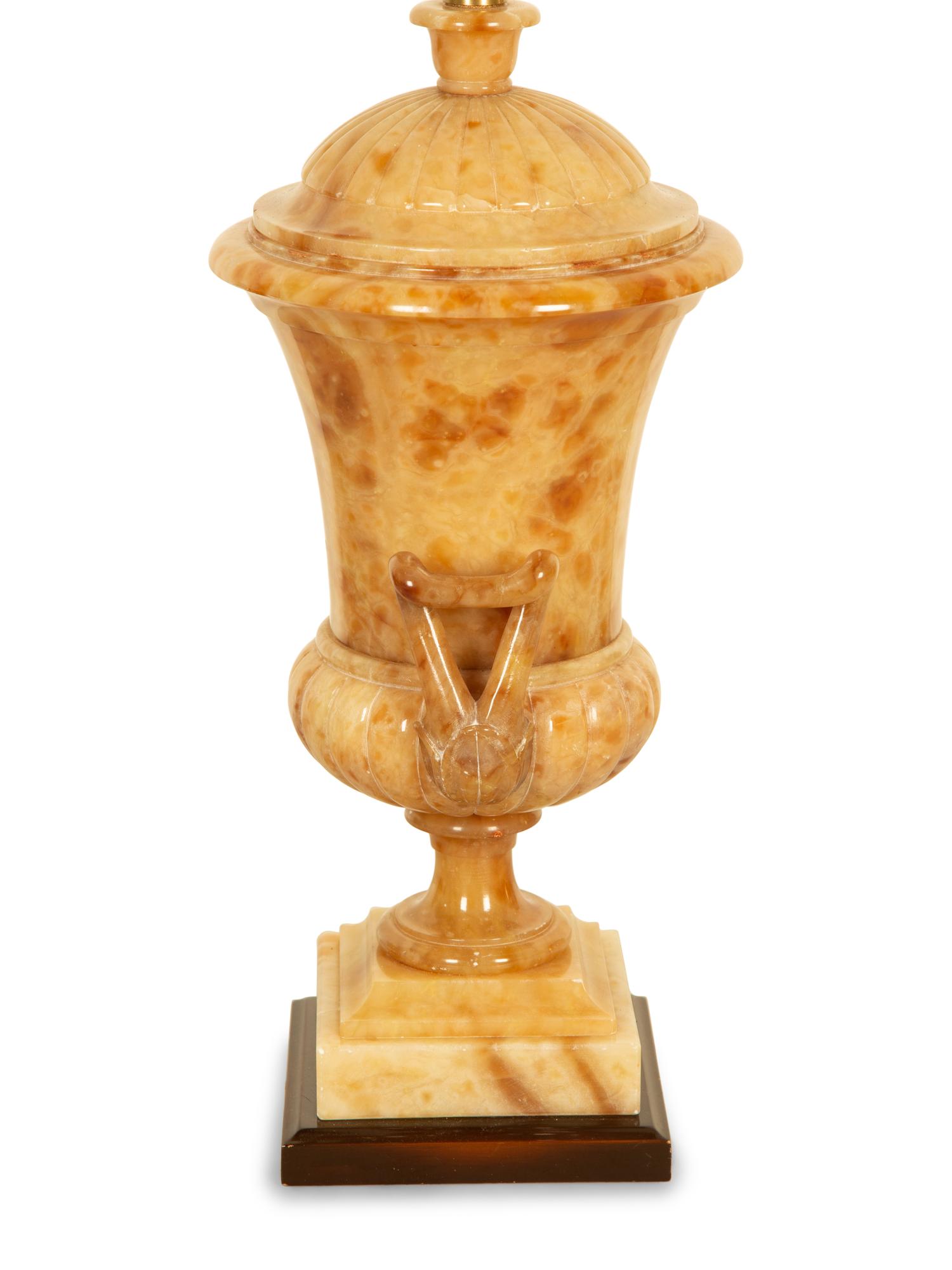 A Pair of Classical Style Alabaster Urns Mounted as Table Lamps