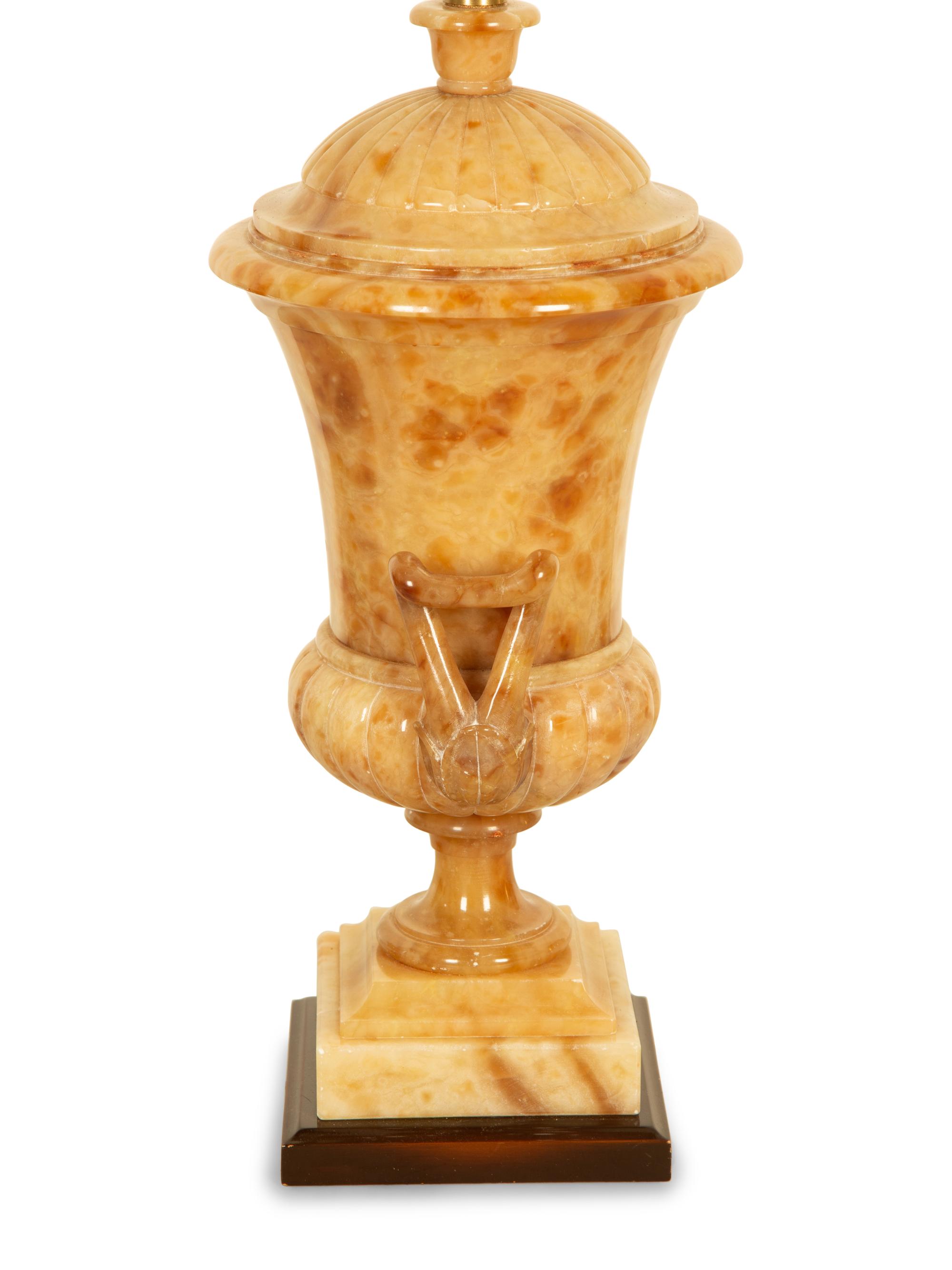 A Pair of Classical Style Alabaster Urns Mounted as Table Lamps