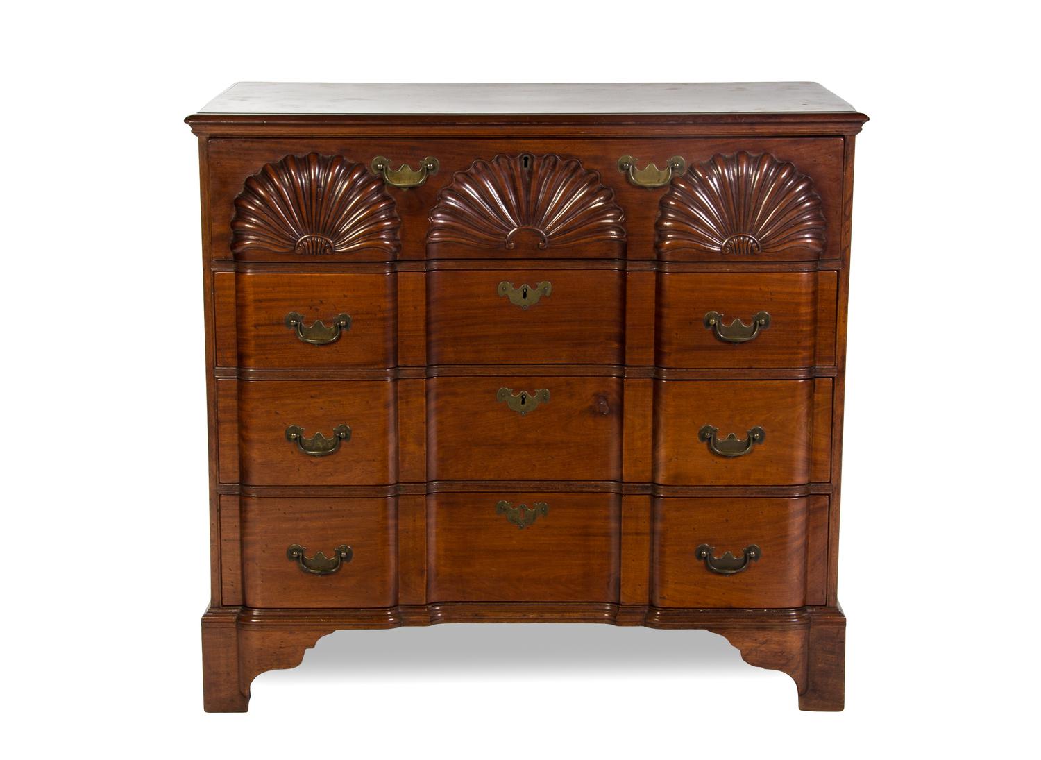 An English Mahogany Block Front Chest, Height 37 3/4 x width 31 3/4 x depth 21 1/2 inches.