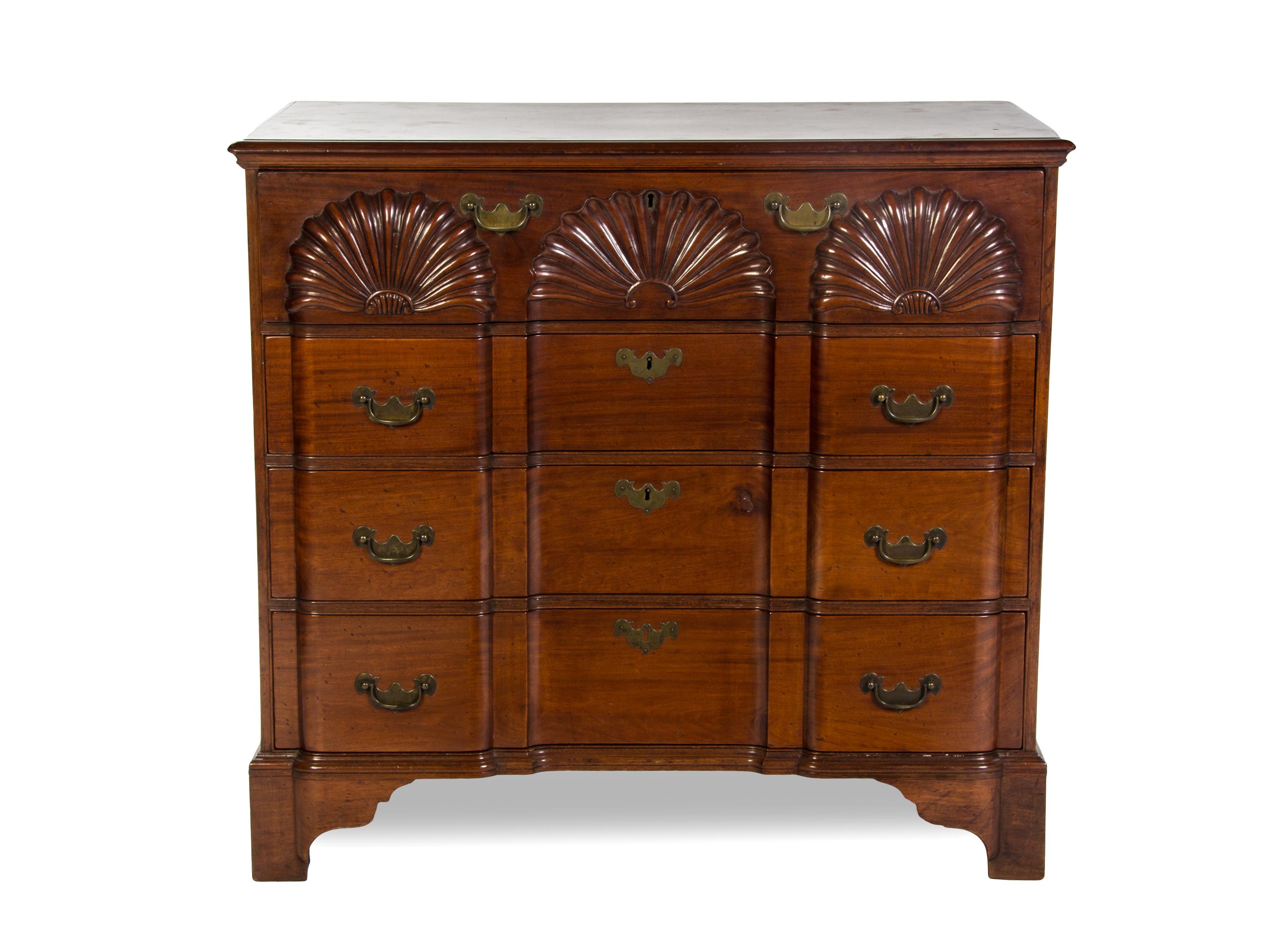 An English Mahogany Block Front Chest, Height 37 3/4 x width 31 3/4 x depth 21 1/2 inches.