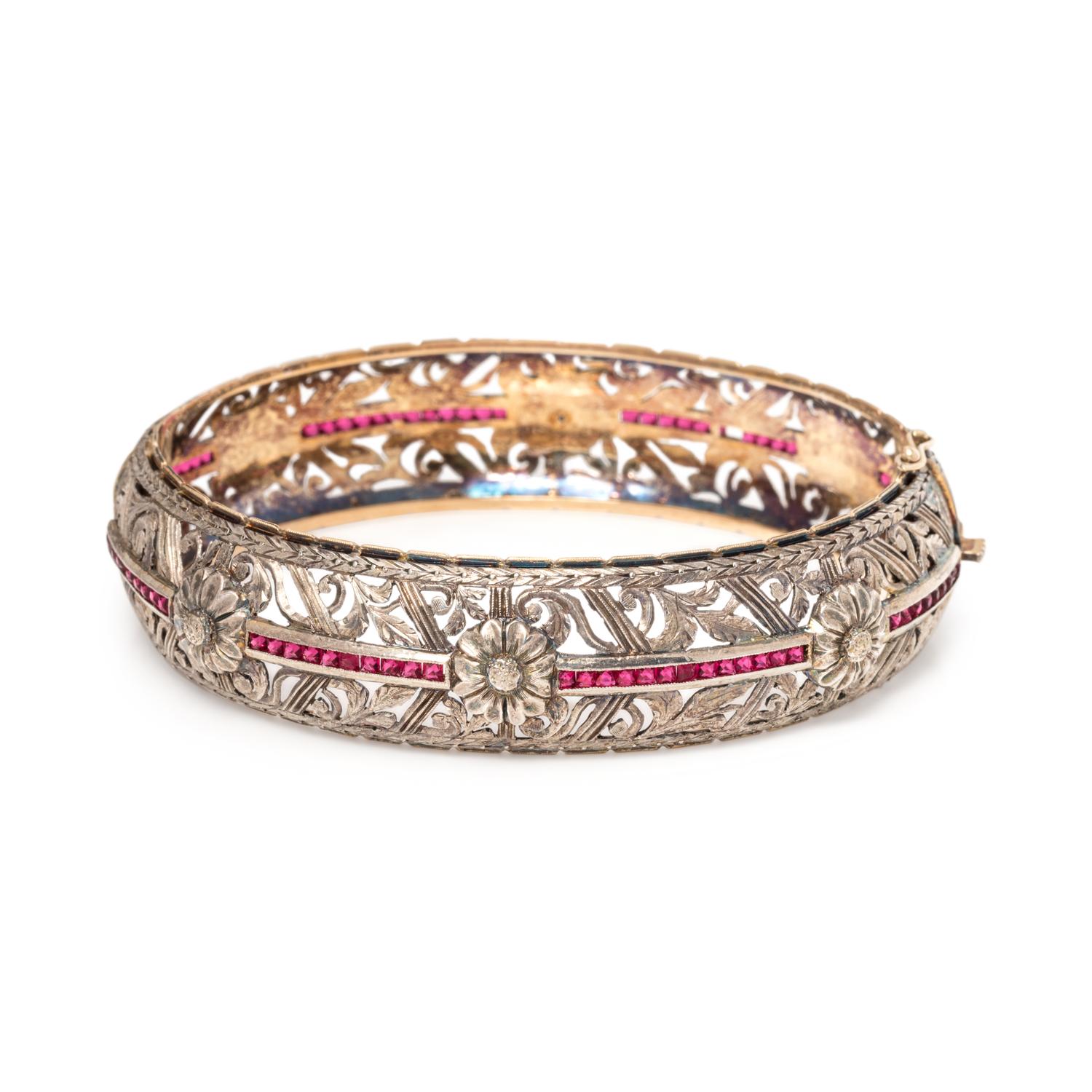 SILVER-TOPPED GOLD AND RUBY BANGLE BRACELET