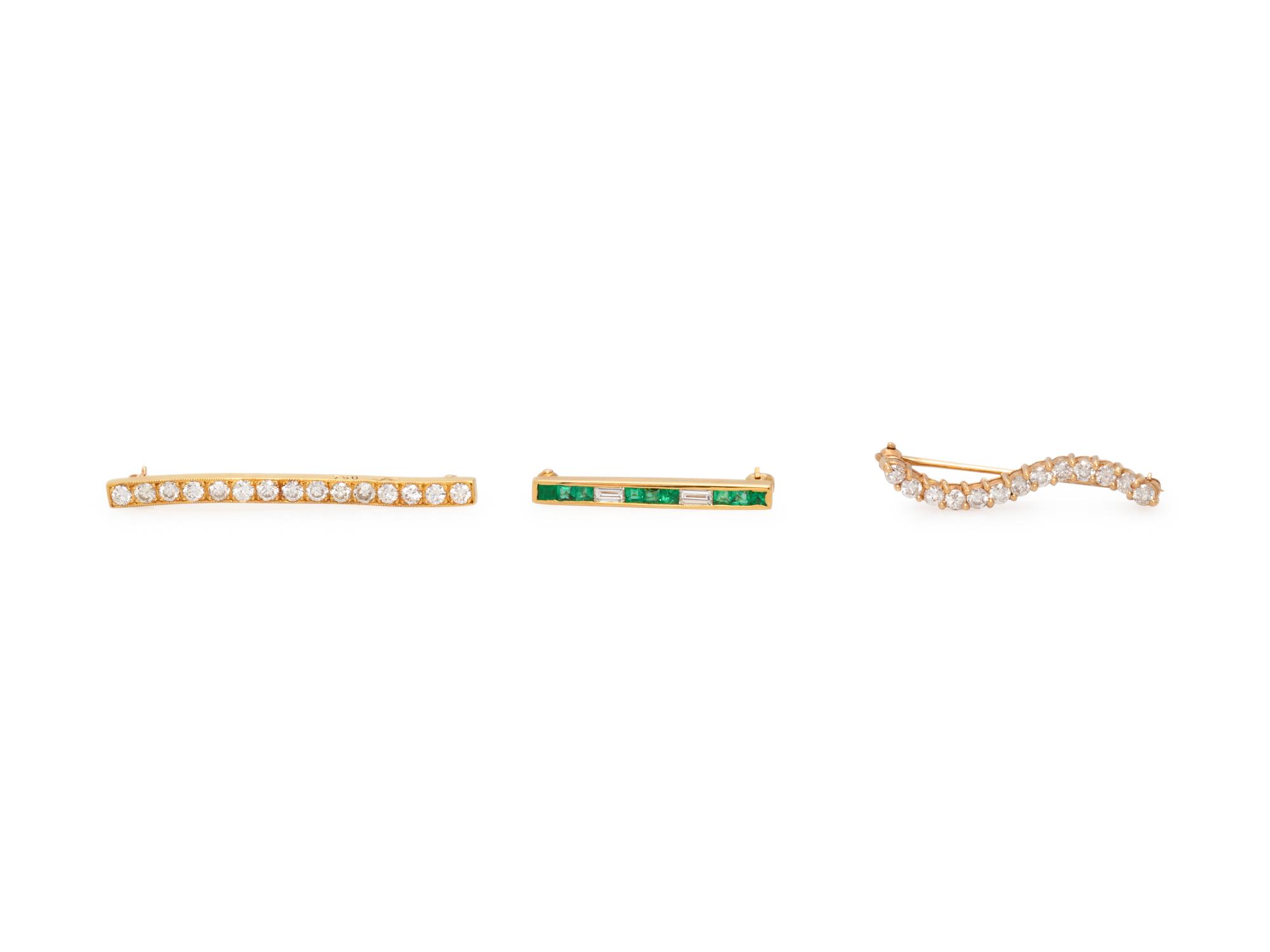 COLLECTION OF YELLOW GOLD AND DIAMOND BAR BROOCHES