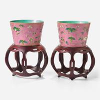 A pair of Chinese famille rose enameled relief-decorated diminutive jardinières 粉彩花盆 Unglazed six-character Qianlong seal mark in relief ?????