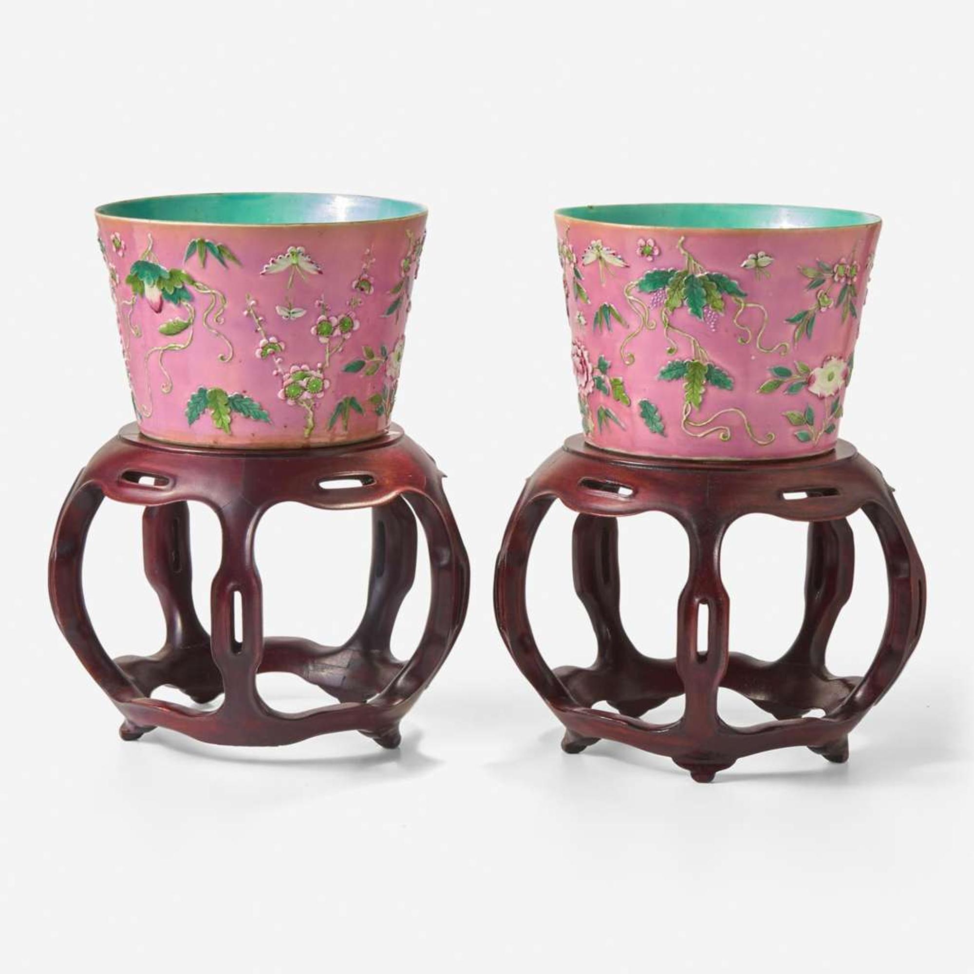 A pair of Chinese famille rose enameled relief-decorated diminutive jardinières 粉彩花盆 Unglazed six-character Qianlong seal mark in relief ?????