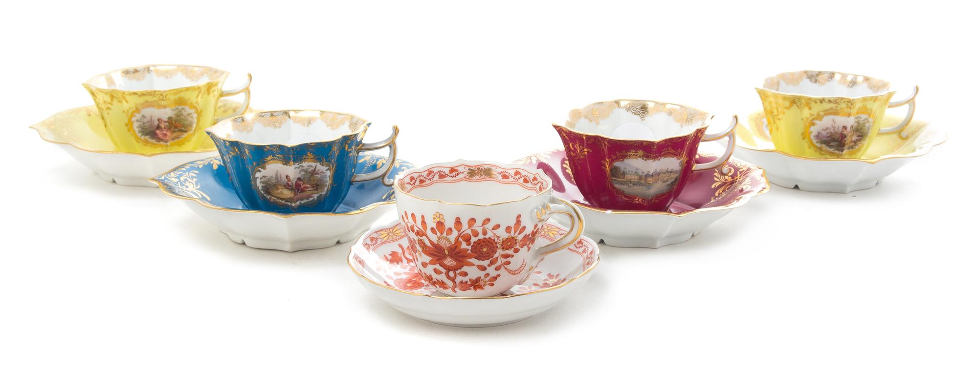 A Set of Five Meissen Porcelain Cabinet Cups and Saucers Diameter of largest saucer 5 5/8 inches. — 19TH/20TH CENTURY