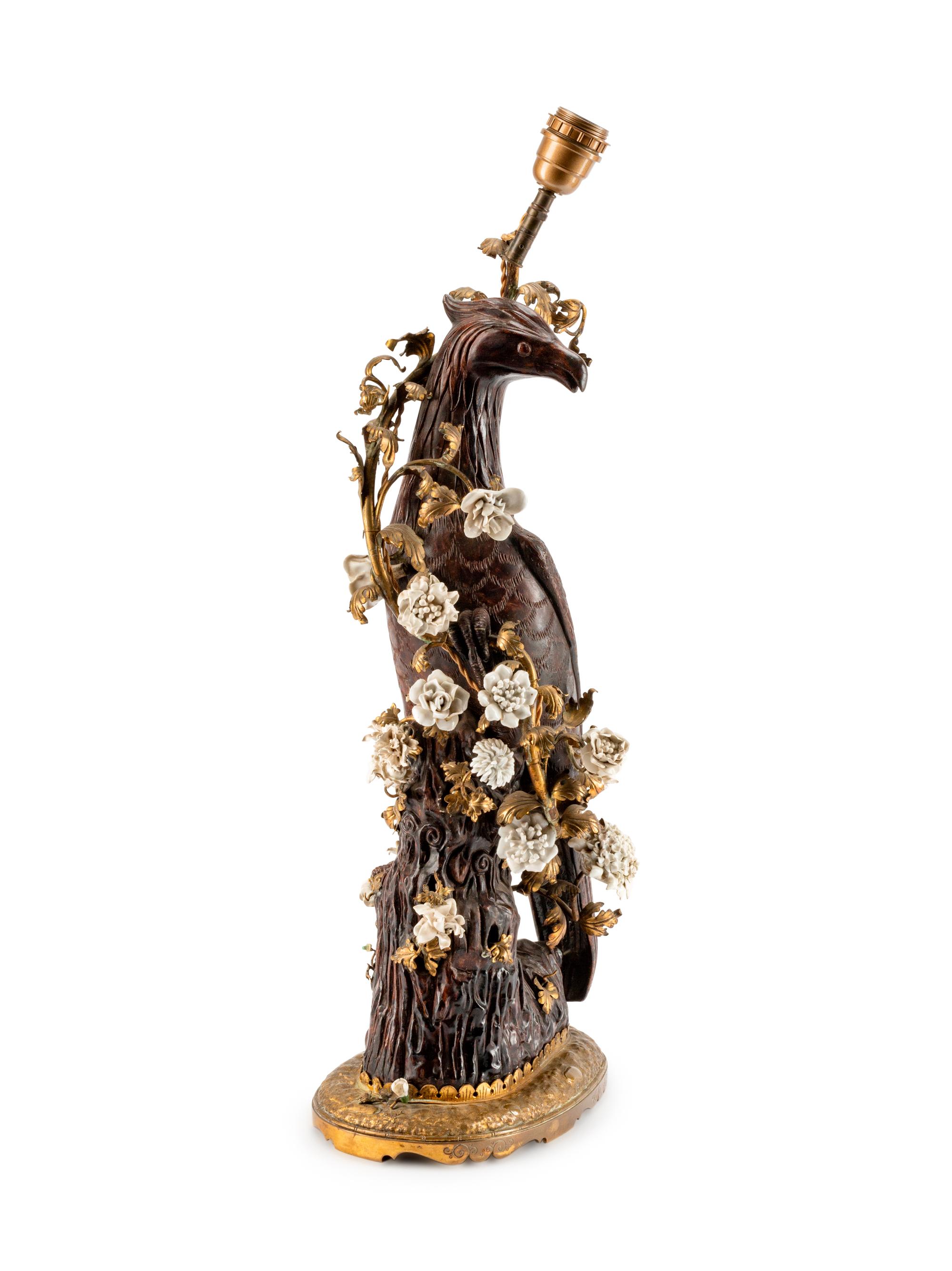 A Rococo Style Porcelain and Enamel Bird-Form Lamp — 19TH CENTURY