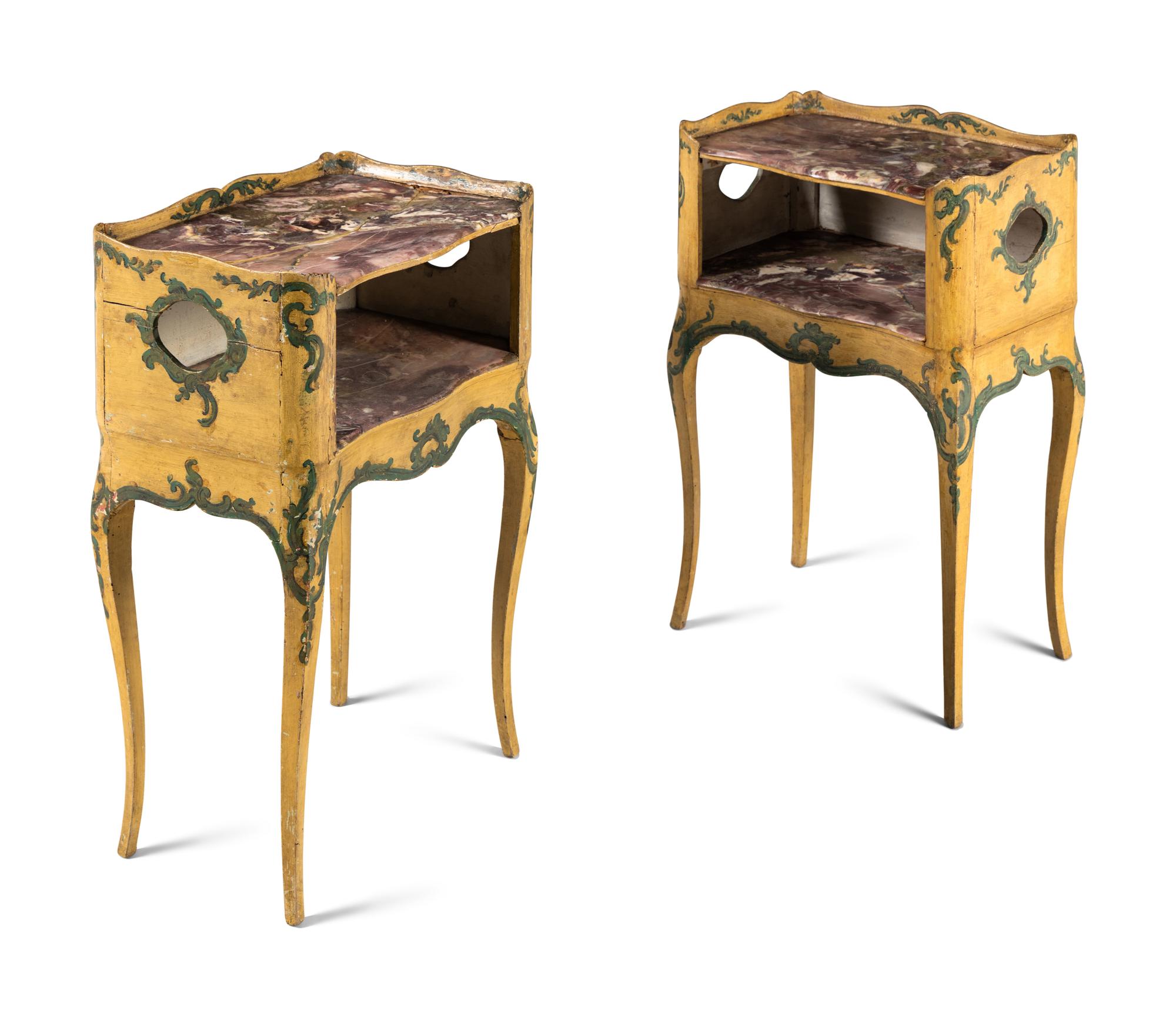 A Pair of North Italian Yellow and Green Painted Marble-Top Commodini