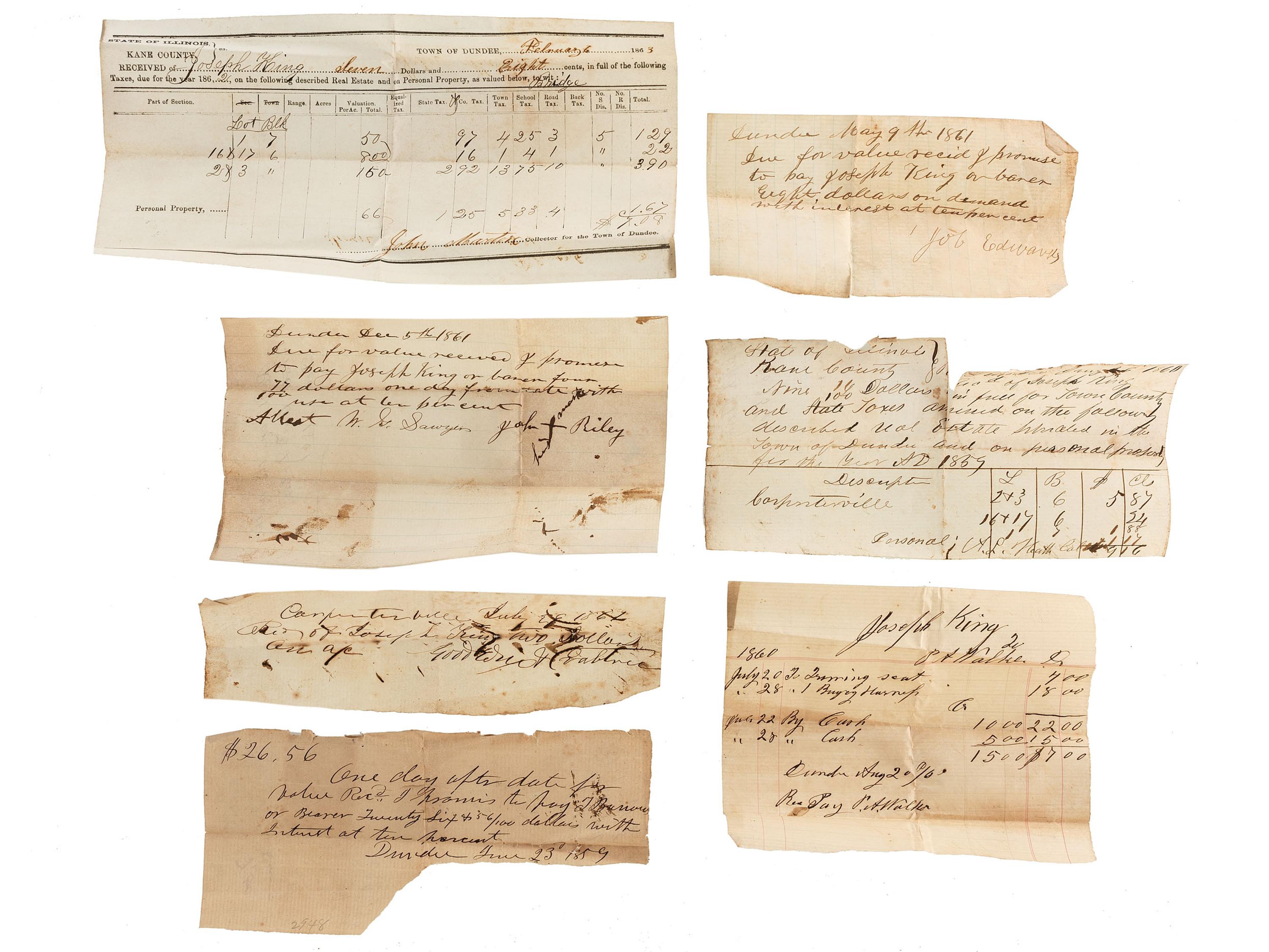 [VERMONT] -- [ILLINOIS]. Document wallet with patriotic motif and archive of business documents identified to blacksmith Joseph King (1812-1892).