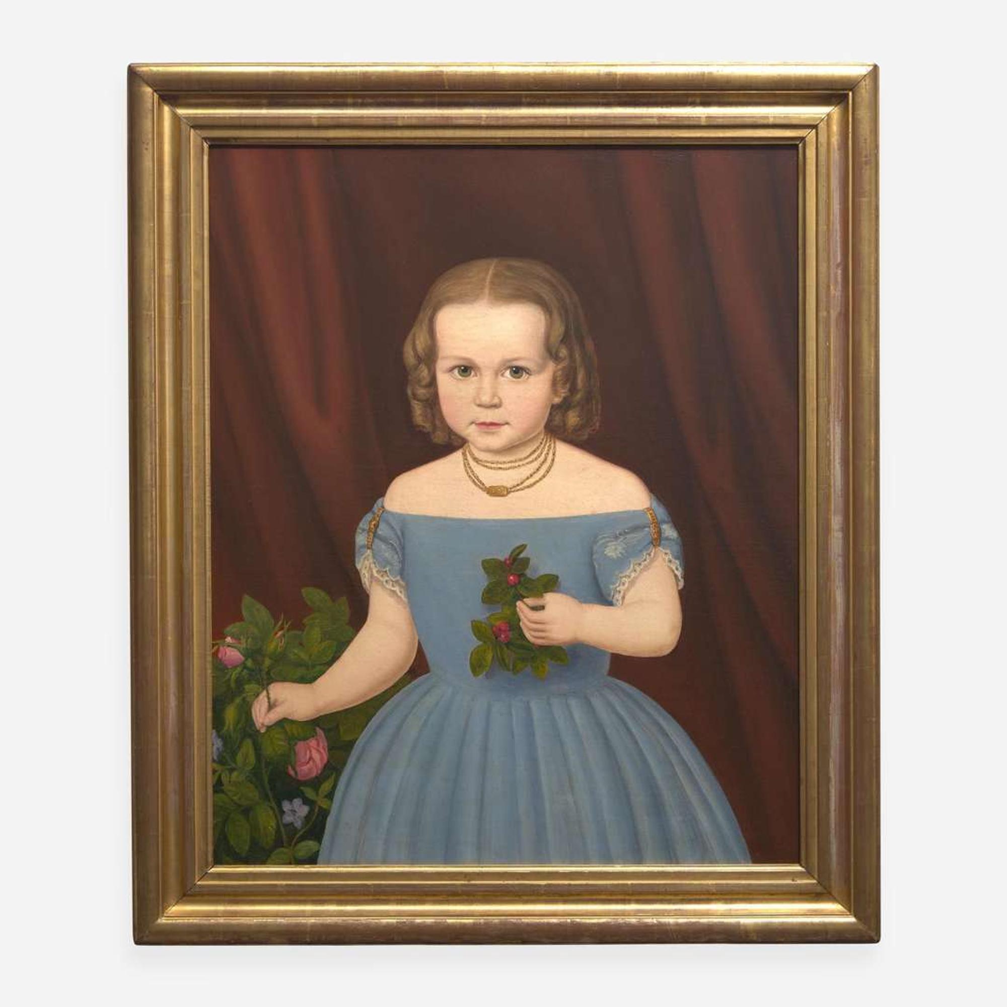 American School 19th century Portrait of a Girl in a Blue Dress named Eliza