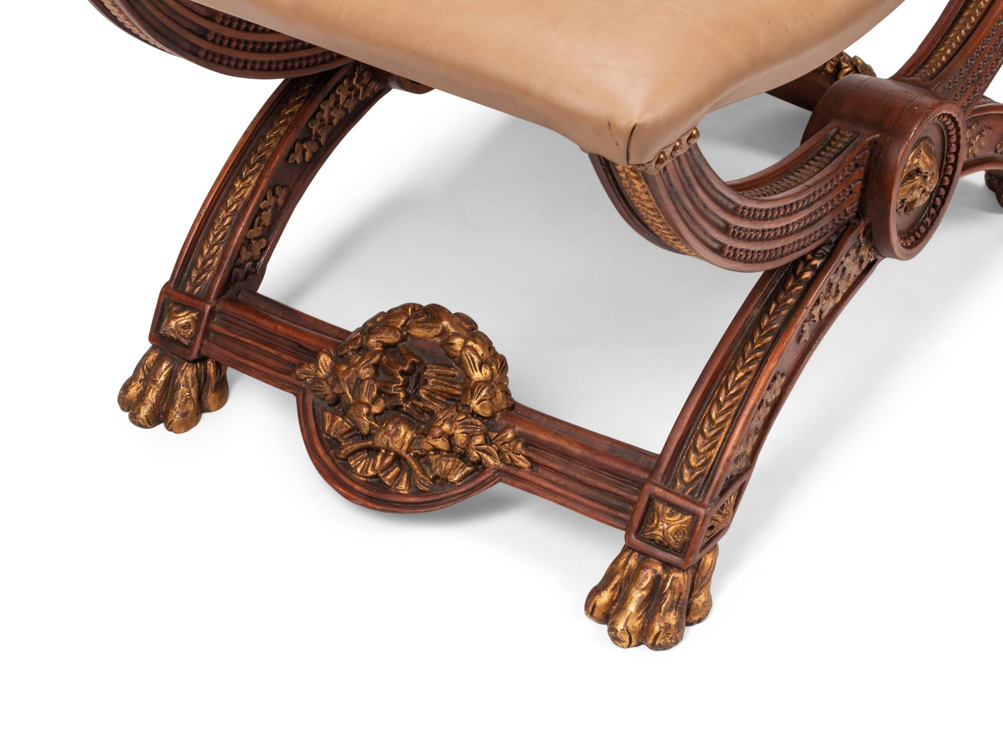 A Pair of Continental Parcel Gilt Walnut Curule Stools
