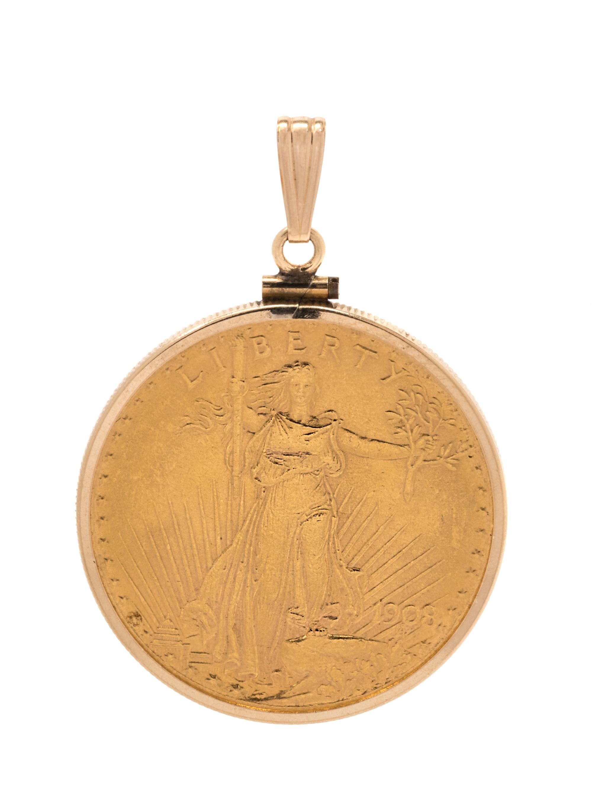 A 12 Karat Gold Fill and US $20 Liberty Coin Pendant,