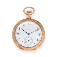 ELGIN, 14K YELLOW GOLD OPEN FACE POCKET WATCH WITH GOLD-FILLED FOB CHAIN